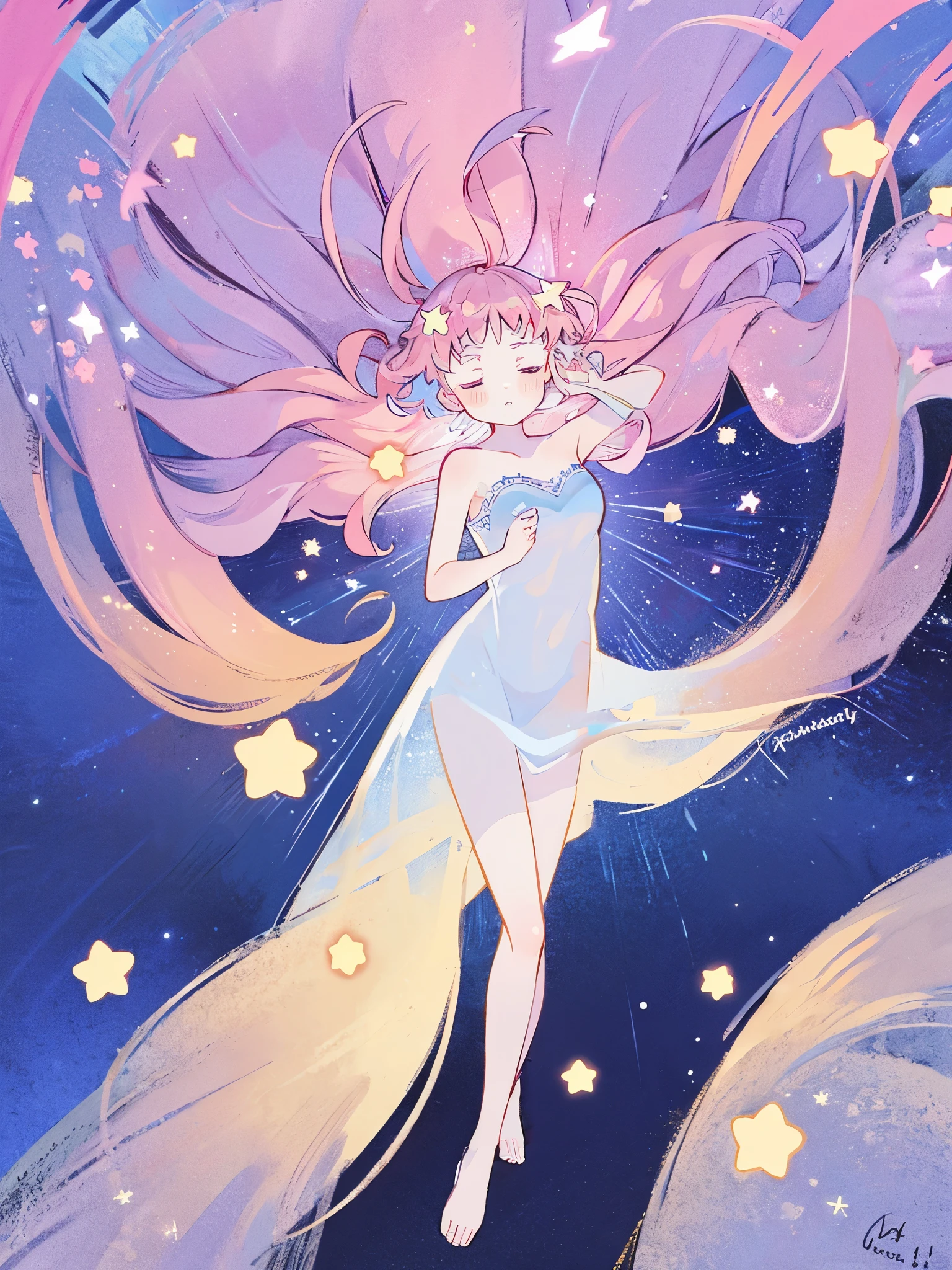 complex background, wishing star background, a woman wearing an ethereal mystical pink translucent dress that reflects the stars, perfume promo art, mystic, complex drawing, highly detailed, Covergirl brand, promo art, artistic rendition, ethereal, starry night, midjourney style