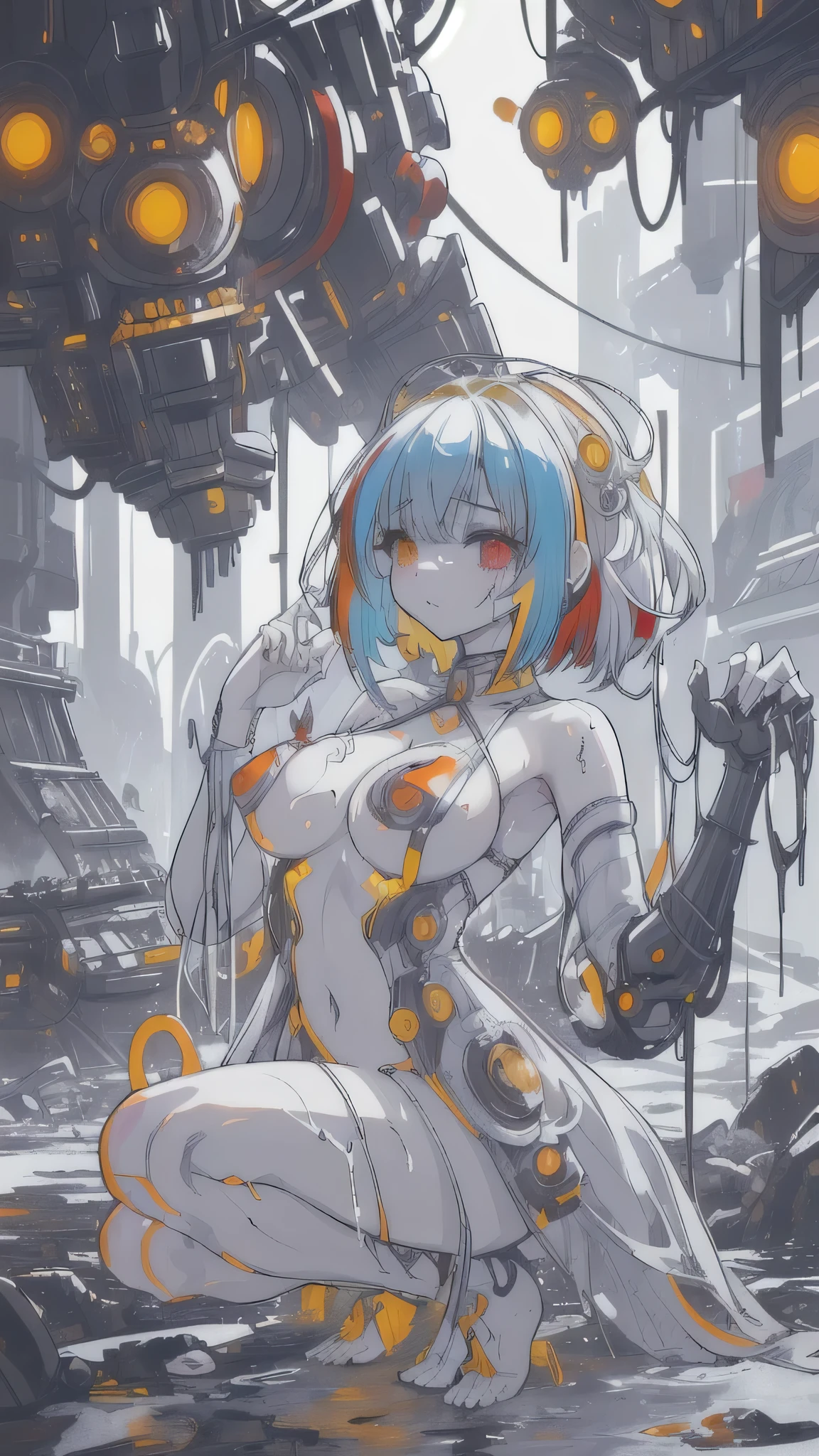 (masterpiece:1.3), (best movie quality), (divine painter), (extremely fine), (beautiful), (very detailed settings:1), (artistic lighting), (muddy white god々A high-spec lady covered in hot liquid、Name is「Nemo」), short blue haired, (eye+yellow+red:1.4), (multicolored eye+heterochromia), 24-years-old, 「Nemo」is now、with your fingers「Nemo」Muddy white god playing with the between his legs and the vagineen his penis々overfg with fresh liquid, I'm excited and my clitoris is stic, Beautifully shaped, large breasts and small nippleing cyberpunk clotemo」He is a cutting-edge engineer in scientific research in the ultra-future world of 3600, when science and technology have advanced. (The robots around me are the best masterpieces), (After the end of World War VI、There are very few surviving humans、「Nemo」looks at the man、White god with mud from the female genitals々Fresh liquid overflows), (「Nead of getting stronger by inserting a dildo into the vagina、I always climax and squilewd), (「Nemo」A white mess comeof the female genitaf々The new liquid is、It smells very good and is sweet likeIt has the power to heal wounds、「Nemo」can be freely manipulated),