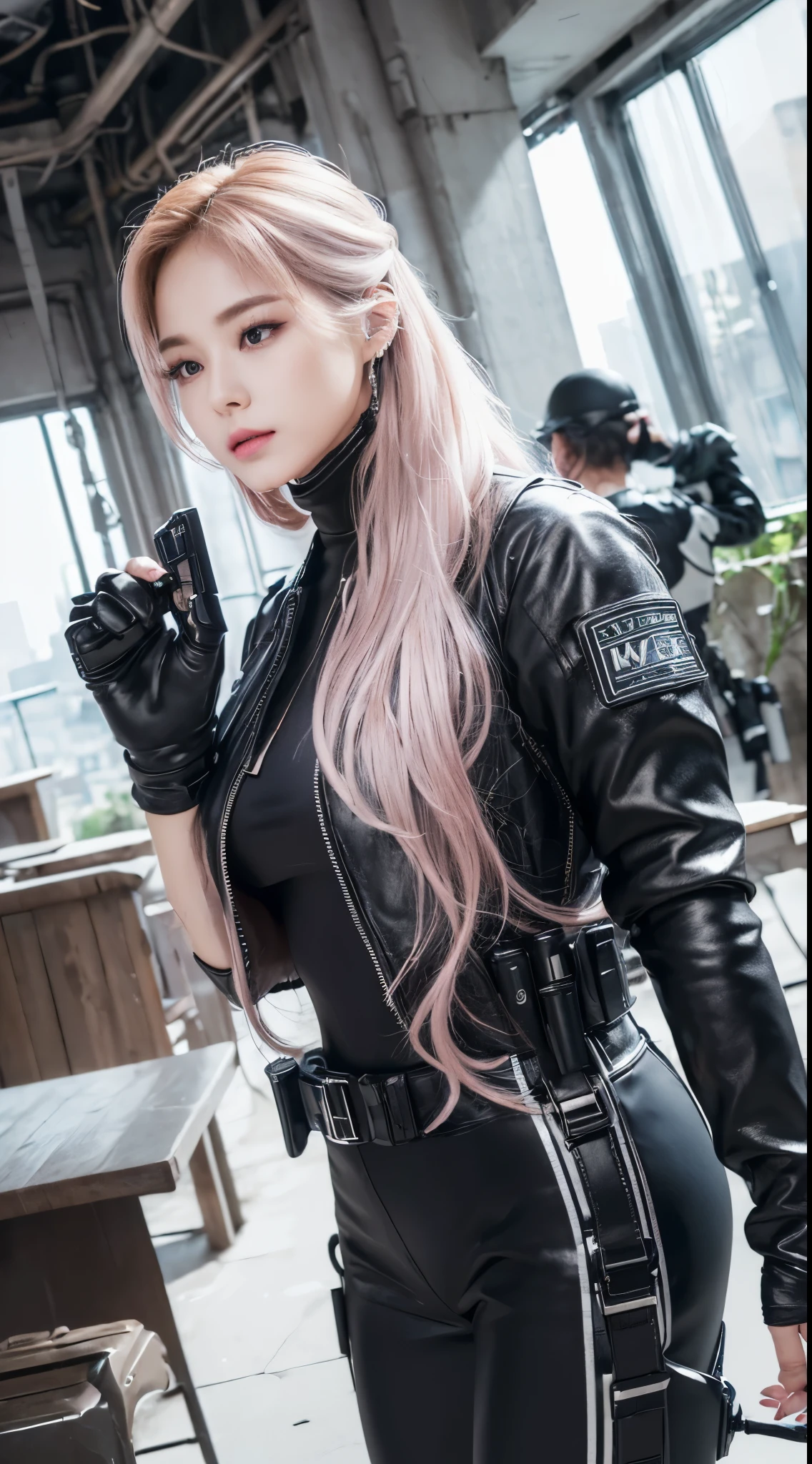 Top Quality, Ultra High Definition, (backlight), (Photorealistic: 1.4), (front shot:1), 1 Beautiful Girl, (Kpop Idol), Detailed Face, (Hair Style: Pink:1, fullbang, wavy-hairstyle:1), Contrapposto, Perfect Anatomy, muscular and plump:0.5, wavy hair, Natural Lighting, ((wearing Futuristic Police Racing Suits, police wappen, High-tech Headset, military harness, racing gloves, handgun)), outside honey wavy hairstyle, (Cloths colors based on silver pink black white), (background, crashed abandoned machines, smokes, indoor space),