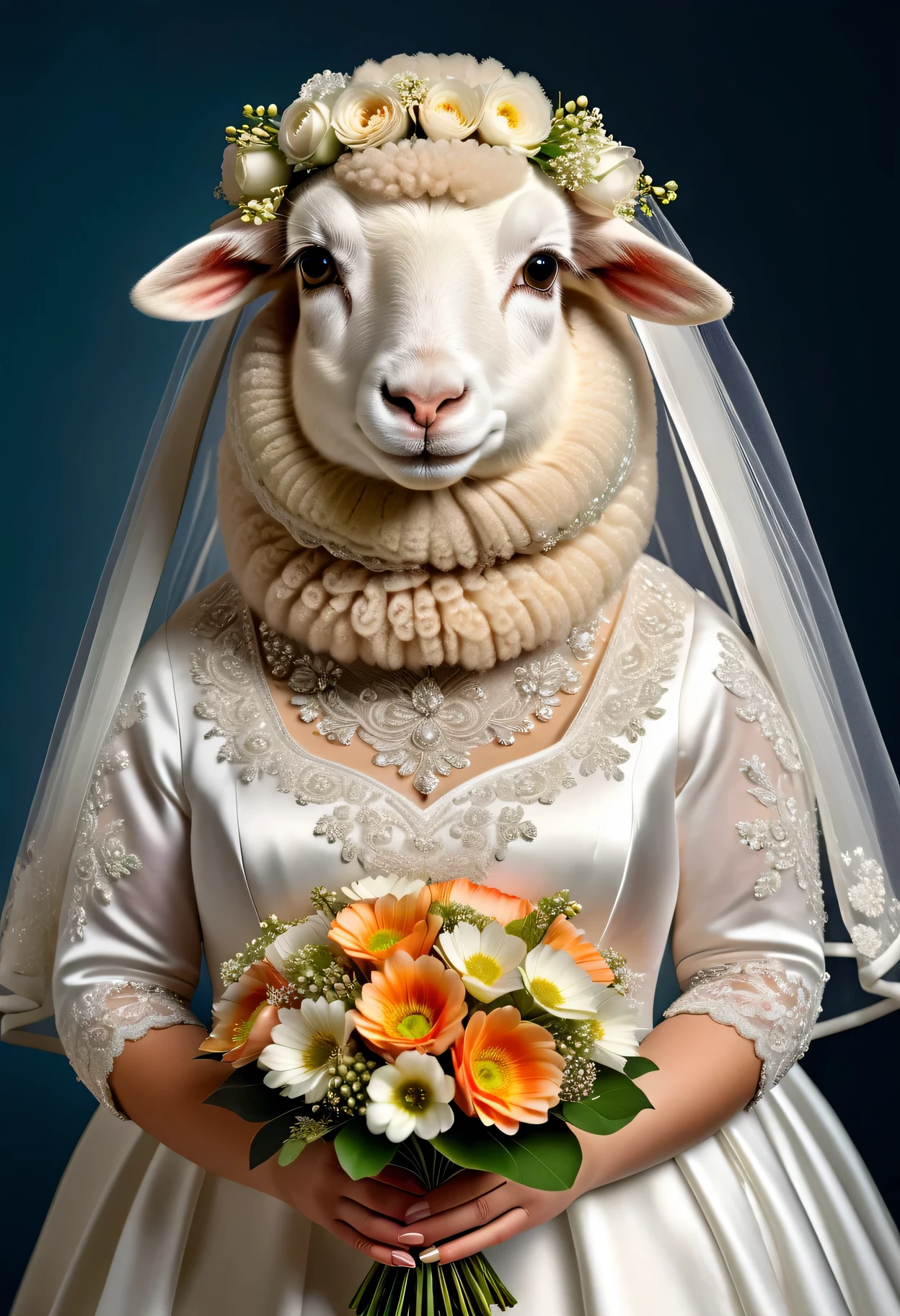 photorealistic portrait of Dressed animals - a ((fat)) sheep,(elegant pose:1.2 ),(), high quality,(lovely) ,intricate details, highly detailed (( wedding dress)) ,wearing highly detailed veil, highly detailed decorations ,holding flower bouquet, (happy), studio lighting,()