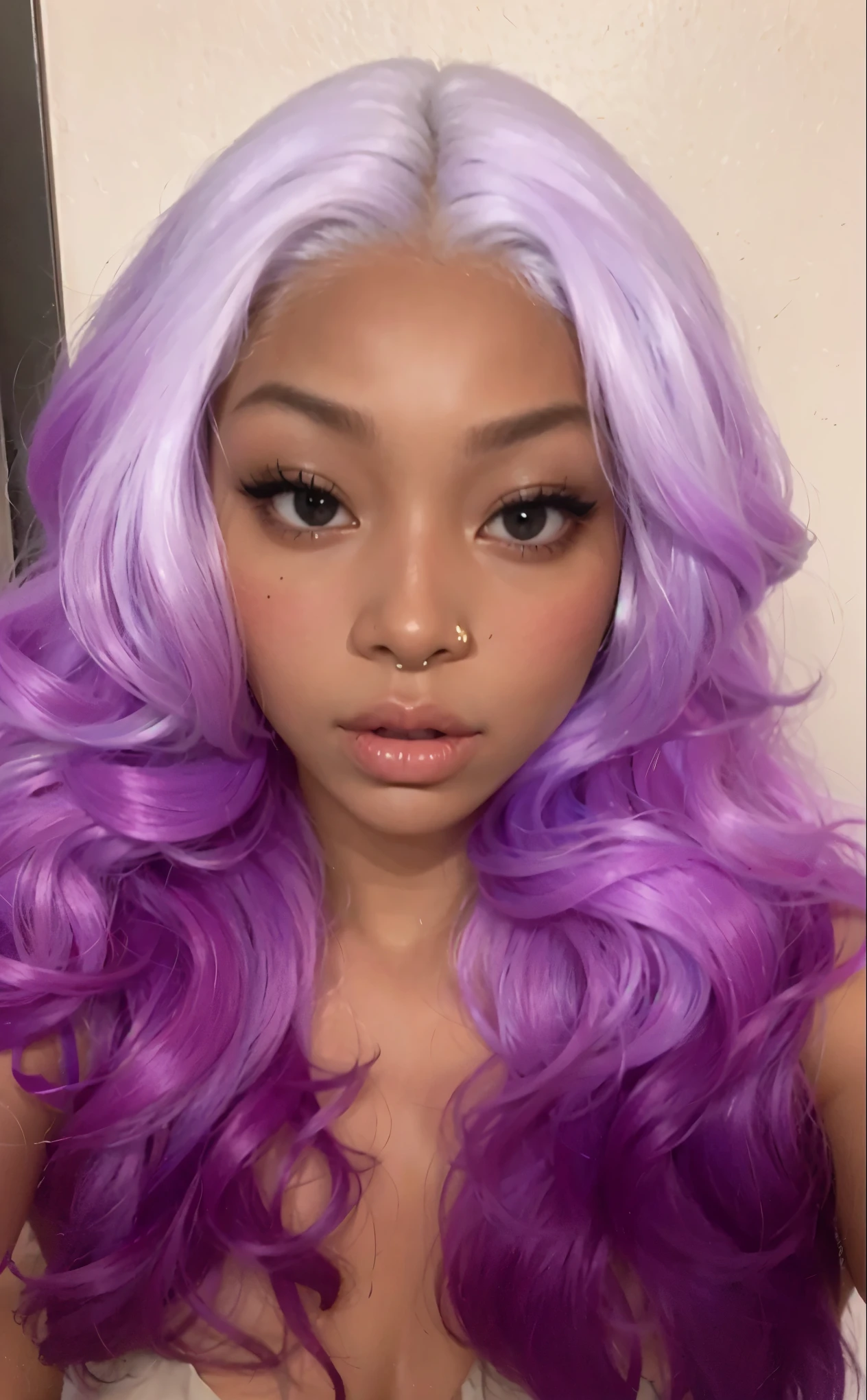 a close up of a woman with cabelo roxo and a white shirt, pele roxa color, she has cabelo roxo, quanto, flowing purple hair, lilac hair, long wavy cabelo roxo, flowing cabelo roxo, purple head, her face looks like an orchid, pele roxa, cabelo roxo, cabelo lavanda, long light cabelo roxo, cabelo de duas cores