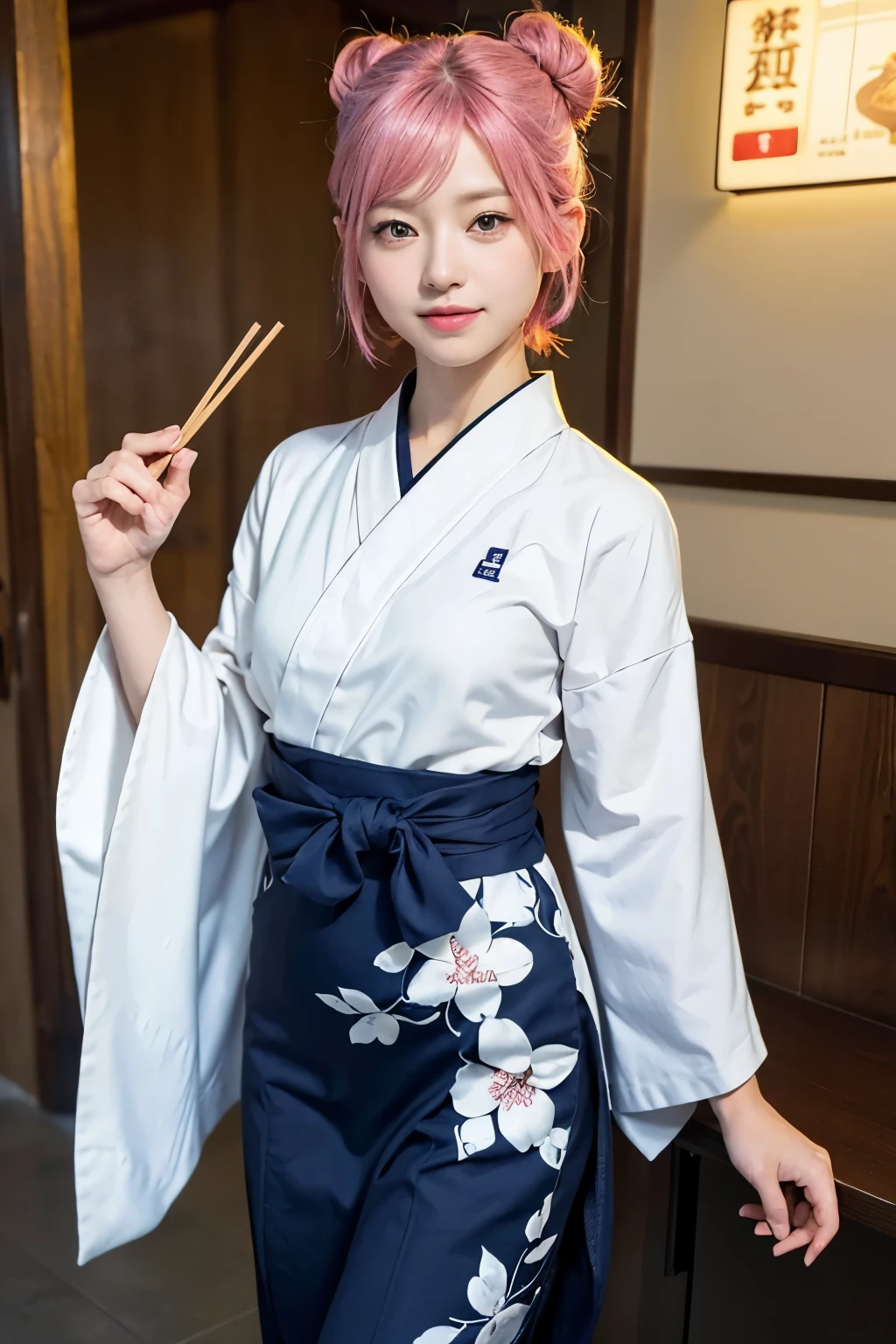 (8K, highest quality, masterpiece:1,2), (realistic, Photoreal:1.37), Super detailed, one girl,), (very detailed), (beautiful detailed eyes), (highest qualityの), (Super detailed ), (masterpiece), (detailed face),20-year-old, ,1 girl, ((pink hair,very short hair)), medium breasts, dressed, perfect lighting, break (navy blue haori:1.3), (white collar:1.2), (three quarter sleeves:1.2), (white kimono:1.4), (nature motif pattern:1.2), (navy blue hakama:1.3), (Ankle length:1.2), (The hem is not too wide:1.2), (white obi:1.4), (simple knot:1.2), (white foot bag:1.2), (Black geta:1.2), (low height:1.2), (Easy to walk:1.2), (bun hair:1.2), (hair ornaments:1.2), (Flowers and strips of paper:1.2), break bun hair, Flowers and strips of paper hair ornaments, smile, friendly, looking at camera, hold soba with right hand, Holding chopsticks with left hand, Do not put sauce on soba, In front of the soba shop counter, Wall with menu and photos, Natural light, soft shadow on the face