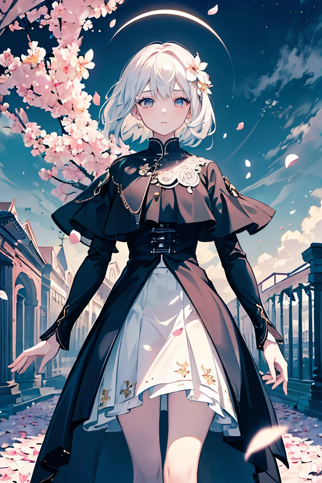 masterpiece, best quality,, 1 girl, (rich and colorful),(Delicate and beautiful eyes and delicate face),cinematic Lighting,Half-length photo,Extremely detailed CG unified 8k wallpaper,white hair,alone,,intricate skirt,((flying petals)),(meadow in bloom), Sky, cloudy_Sky, architecture, moonLight, moon, night, (dark theme:1.3), Light, fantasy,