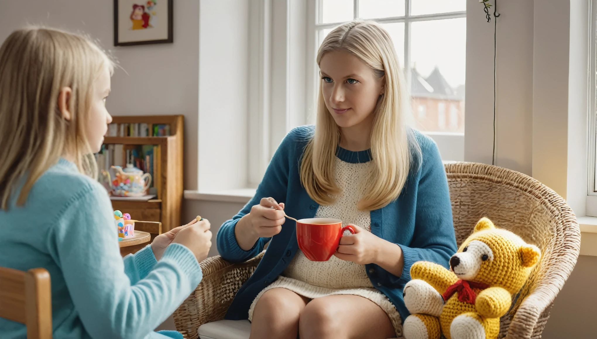 cinematic photo style by Brian Duffy, 1 girl  with long hair along with a woman 50 years old with short blond hair, girl crocheting knitted toys while sitting in a deep chair, Group portrait, against the background of a white wall of children&#39;s drawings and a window with curtains, on a wooden table there is one white mug full of tea, books, the sun falls through the window, evening, film, bokeh, professional, 4k, highly detailed,