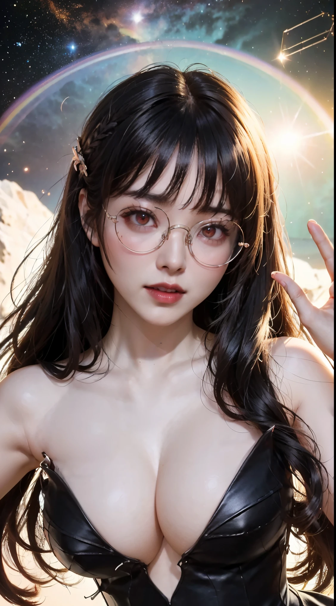 1名 27歳 woman, got it、(best illustrations)、8k UHD resolution、intricate details、最high quality、realistic、Super detailed、best lighting、best shadow、soft lighting、ultra hd、dungeon and Dragon、cave、dungeon、 necromancer、night、dark style、Succubus、devil&#39;Daughter of、bat wings，(((デーモンホーンラック縁round glasses))))、(((big breasts)))、(devil&#39;tail)、(red eyes shine:1.6)、masterpiece、beautiful features、Tyndall effect、realisticphotograph、(high detail skin:1.2)、8KUHD、Digital single-lens reflex camera、high quality、photograph、High resolution、 absurd、Ponytail distortion、Optimal ratio of 4 fingers and 1 thumb、1 girl、hair ornaments、真っ赤に輝くgemのネックレス、gem、beautiful expression、body up、big breasts emphasis、tight waist、wide ass、Tyndall effect、Photoreal、(high detail skin:1.2)、dark and mysterious version, lipstick red lips, thin and beautiful lips, Don&#39;Don&#39;Don&#39;don&#39;t laugh, please keep your mouth shut, Characters created by Karol Baku and Pino Denis, intricate details, detailed background, very detailed, magic of light, woman, cute face, ((((giant glasses, otaku glasses, thick glasses, round glasses))))、 looking at the Upper body of the goddess , round chest, big and round chest, phoenix hair brooch, long hair with bangs, (Long hair has seven colors like a rainbow:1.9), Beautifully detailed face and well-proportioned eyes, (Crystal clear red eyes: 1.8), Big round eyes and very beautiful and detailed makeup, Visionary, long silk nightgowns, mysterious makeup, ブresponseレット, I dyed the side bangs light yellow...., Upper body, (goddess Upper body: 1.8), hanging arms, リアルで鮮やかなphotograph, (stars that make up : 1.7), ( Space-time portal of sky and imagination: 1.8), fiction art, RAWphotograph,黒い着物のphotograph, 最高のphotograph , expensive_response, 最high quality, 最高のphotograph, 8K quality, 8k ultra , surrealism, 最も経済的な本物のphotograph, Artistic portrait of 12 signs, Symbol of one of the 12 signs on the reverse side, 12 Portrait of the Goddess, 最もrealistic配色, 最高のphotograph color, masterpiece, hair ornaments, ネックresponse, jewelry, beautiful face, Upper body, Tyndall effect, photographのようにリアルな, Dark studio, border light, two tone light, (fine skin) expensive: 1.2), 8k UHD, Digital single-lens reflex camera, soft light, expensive quality, volume light, Frank, photograph, expensive responseolution, 4K quality, 8k, Bokeh, smooth and sharp, 10x more pixels, Charming goddess, sexy goddess, (background space: 1.8), (milky way: 1.7), aurora, lightning, (auroraの背景: 1.8) <roller:crazy_perfect eyes_v1_from_v1_, beautiful goddess and flowers, 