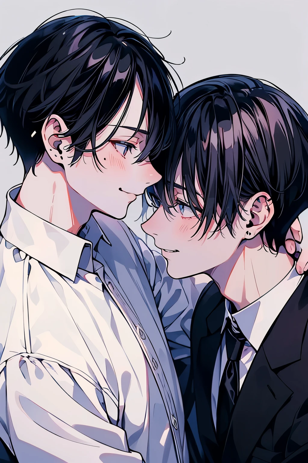 (muste piece), (best quality), very detailed, ((two men intimate)), perfect face, beautiful face, very detailed顔，(black haired man:1.3)，(white haired man:1.3)，suit，shirt，smile