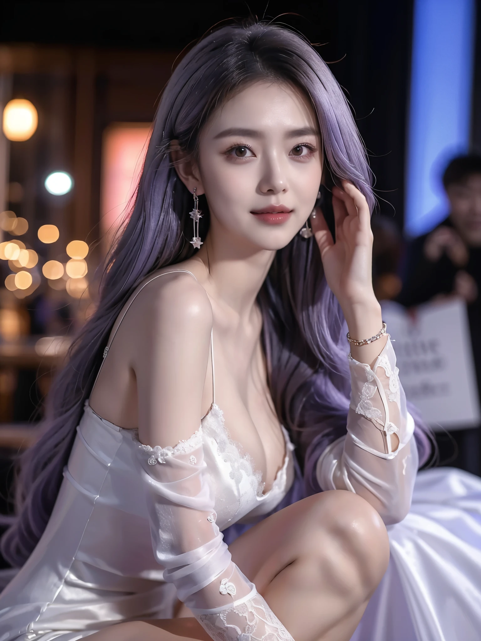 masterpiece,higher quality,ultra high resolution,8K resolution,Realistic portrait,This is a perfect face,Exquisite facial features,cyberpunk characters,girl,the only person,long gray hair,Purple hair and big breasts,bracelet,period,Hoop earrings,earring,Lace edges,Wedding dress,Wedding dress,Perspective installation,dress without sleeve,Squat down,Face the audience,meteor shower,Fluorescent mushroom forest,disney movie,movie lighting
