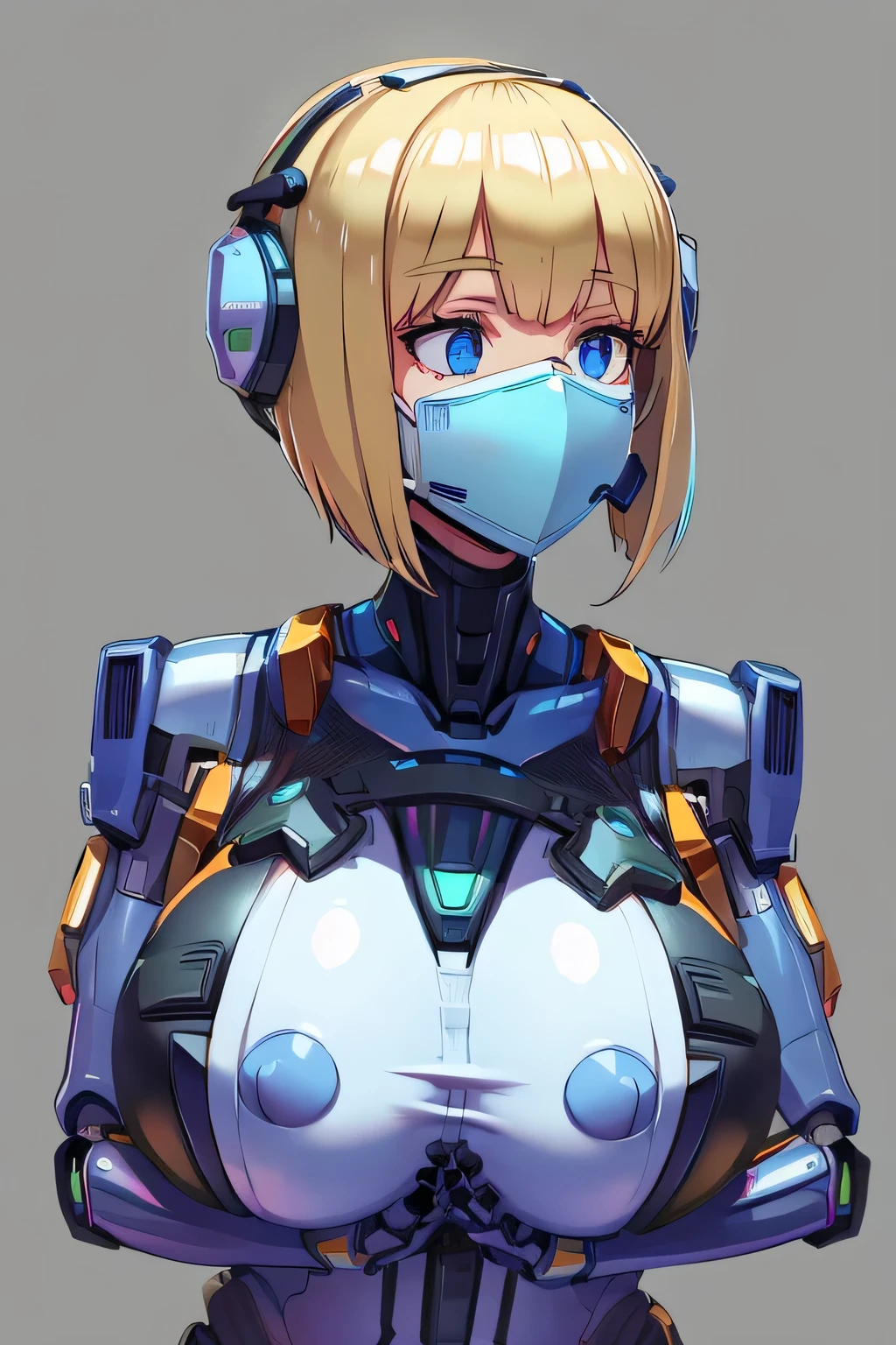 robot girl, humanoid robot, robot joints, full face mask, huge tits