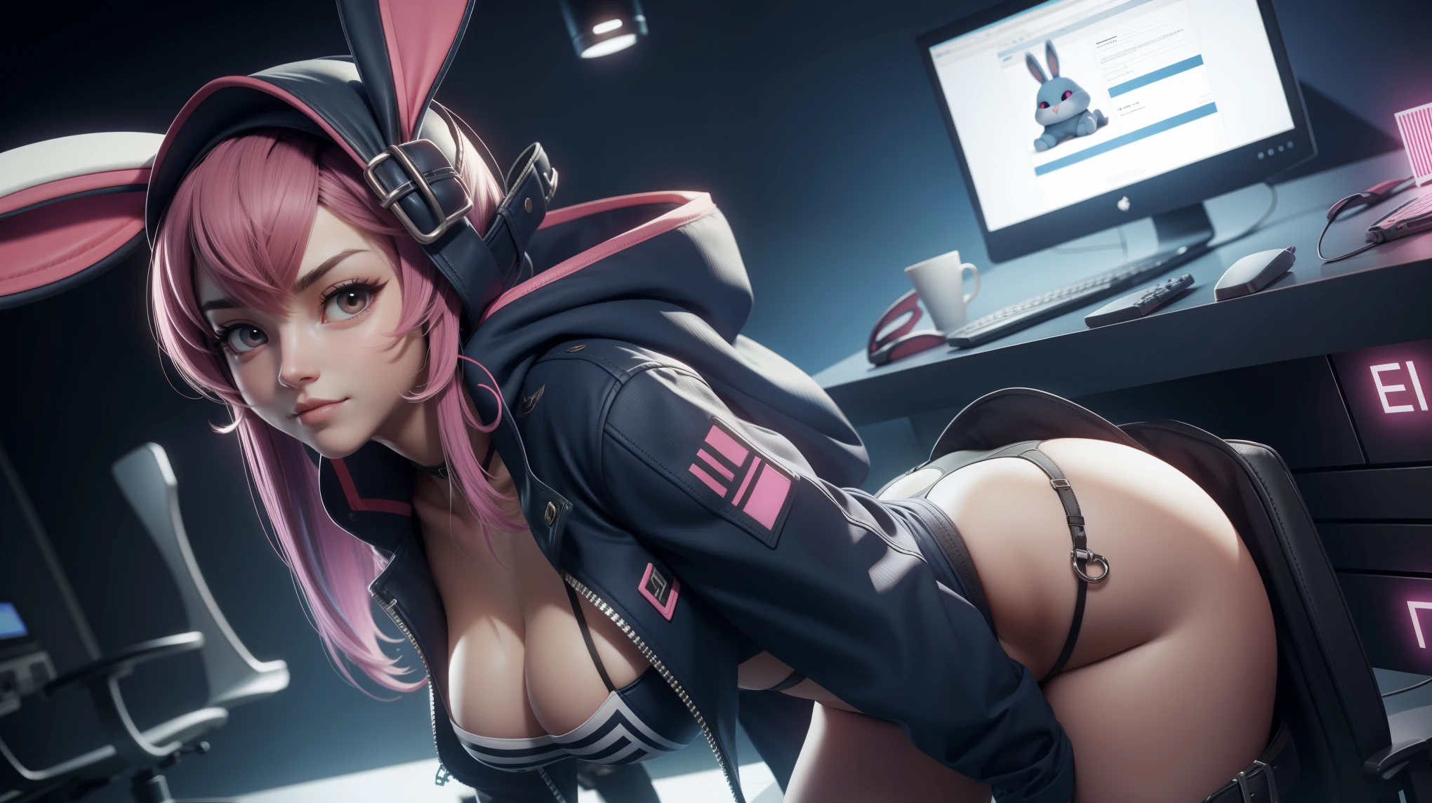 cute Rabbit hacker, intense hack, seductive, thong, 