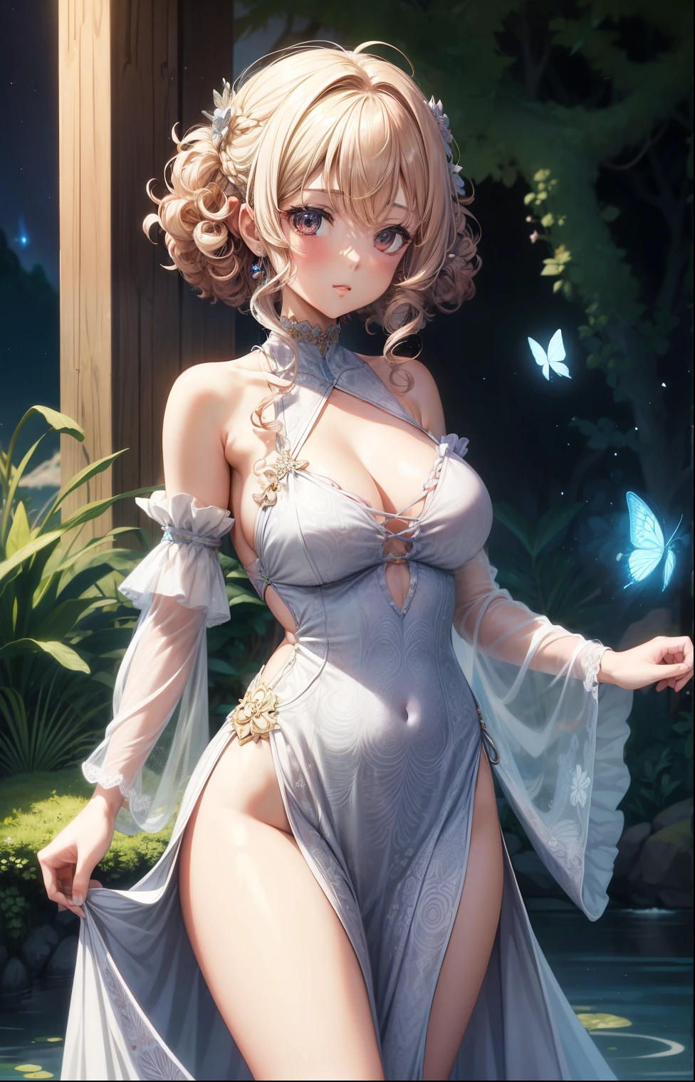 anime girl , curly thistle hair, wearing Halter dress top,have medium breasts, Data Stream Oasis. A serene figure in white, Sienna dances through the information flow, code butterflies fluttering around her fingertips.
