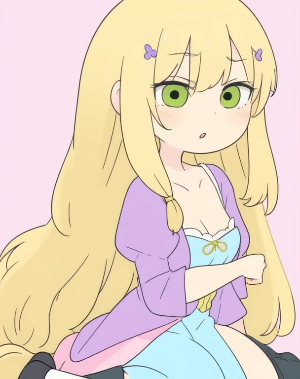 (masterpiece, best quality:1.1), 1girl, solo, (flat color:1.1), (rapunzel:1.1), from disney's tangled, pink and yellow, blonde hair, medium breasts, long pink dress, puffy sleeves, green eyes, long hair, very long hair, flowing, jewelry, (simple background:0.3)