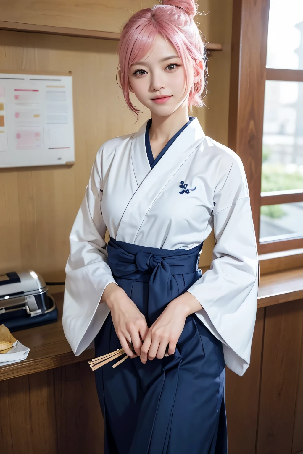 (8K, highest quality, masterpiece:1,2), (realistic, Photoreal:1.37), Super detailed, one girl,), (very detailed), (beautiful detailed eyes), (highest qualityの), (Super detailed ), (masterpiece), (detailed face),20-year-old, ,1 girl, ((pink hair,very short hair)), medium breasts, dressed, perfect lighting, break (navy blue haori:1.3), (white collar:1.2), (three quarter sleeves:1.2), (white kimono:1.4), (nature motif pattern:1.2), (navy blue hakama:1.3), (Ankle length:1.2), (The hem is not too wide:1.2), (white obi:1.4), (simple knot:1.2), (white foot bag:1.2), (Black geta:1.2), (low height:1.2), (Easy to walk:1.2), (bun hair:1.2), (hair ornaments:1.2), (Flowers and strips of paper:1.2), break bun hair, Flowers and strips of paper hair ornaments, smile, friendly, looking at camera, hold soba with right hand, Holding chopsticks with left hand, Do not put sauce on soba, In front of the soba shop counter, Wall with menu and photos, Natural light, soft shadow on the face