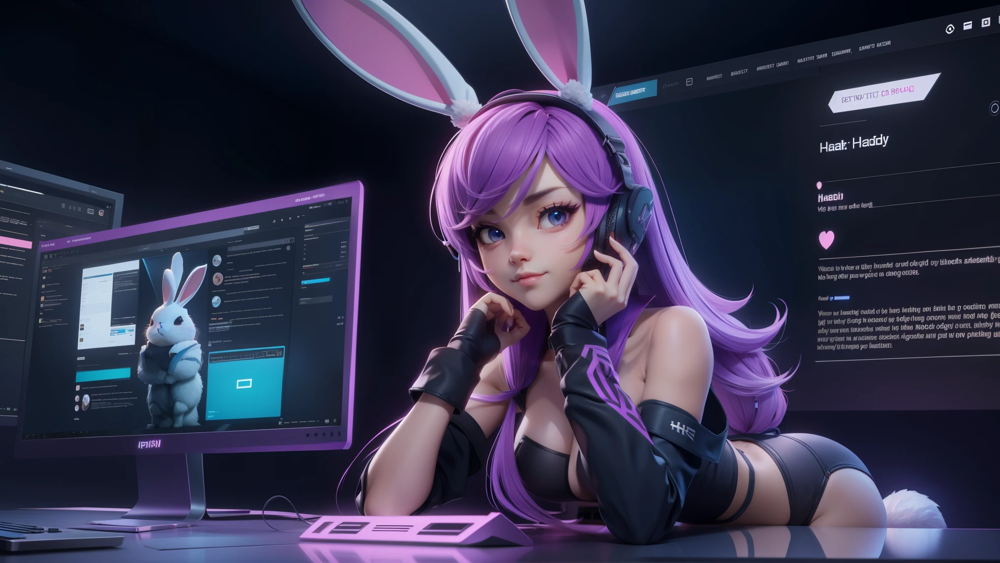 cute Rabbit hacker, intense hack, seductive, thong,