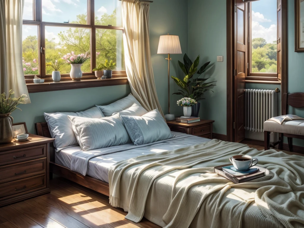 (best quality,4k,8k,highres,masterpiece:1.2),ultra-detailed,(realistic,photorealistic,photo-realistic:1.37),spring morning,sunlight streaming through the window,enjoying a cup of coffee on the bed,beautiful detailed eyes,soft sunlight illuminating the room,comfortable and cozy atmosphere,sunshine filtering through the curtains,warm and inviting colors,peaceful and serene ambiance,natural lighting,gentle breeze rustling the curtains,sunlit room,refreshing and invigorating,start of a new day,relaxing and rejuvenating,clear blue skies,greenery outside the window,fragrant flowers blooming outside,a sense of tranquility and contentment,soft morning light filling the space,morning rituals,quiet and calming,freshly brewed coffee aroma,cozy blanket,joyful anticipation,beautifully decorated room,hints of spring in the air,relaxation and leisure,time to reflect and recharge