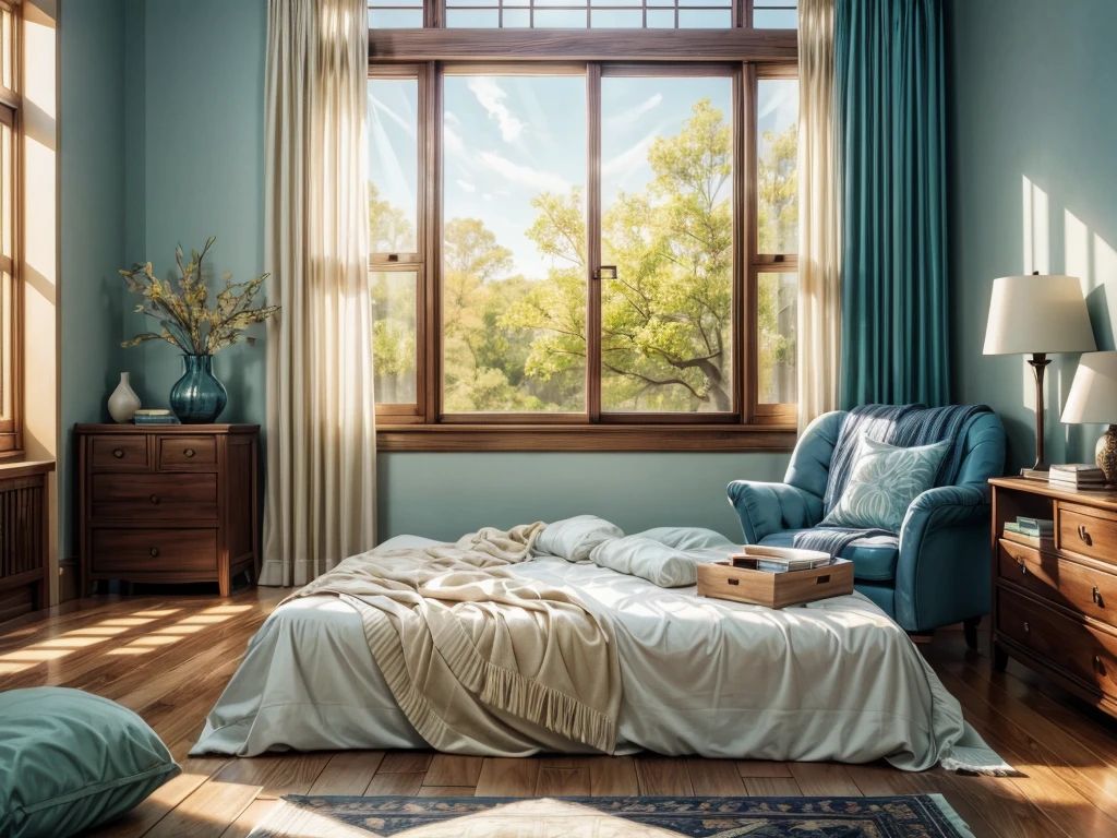 (best quality,4k,8k,highres,masterpiece:1.2),ultra-detailed,(realistic,photorealistic,photo-realistic:1.37),spring morning,sunlight streaming through the window,enjoying a cup of coffee on the bed,beautiful detailed eyes,soft sunlight illuminating the room,comfortable and cozy atmosphere,sunshine filtering through the curtains,warm and inviting colors,peaceful and serene ambiance,natural lighting,gentle breeze rustling the curtains,sunlit room,refreshing and invigorating,start of a new day,relaxing and rejuvenating,clear blue skies,greenery outside the window,fragrant flowers blooming outside,a sense of tranquility and contentment,soft morning light filling the space,morning rituals,quiet and calming,freshly brewed coffee aroma,cozy blanket,joyful anticipation,beautifully decorated room,hints of spring in the air,relaxation and leisure,time to reflect and recharge