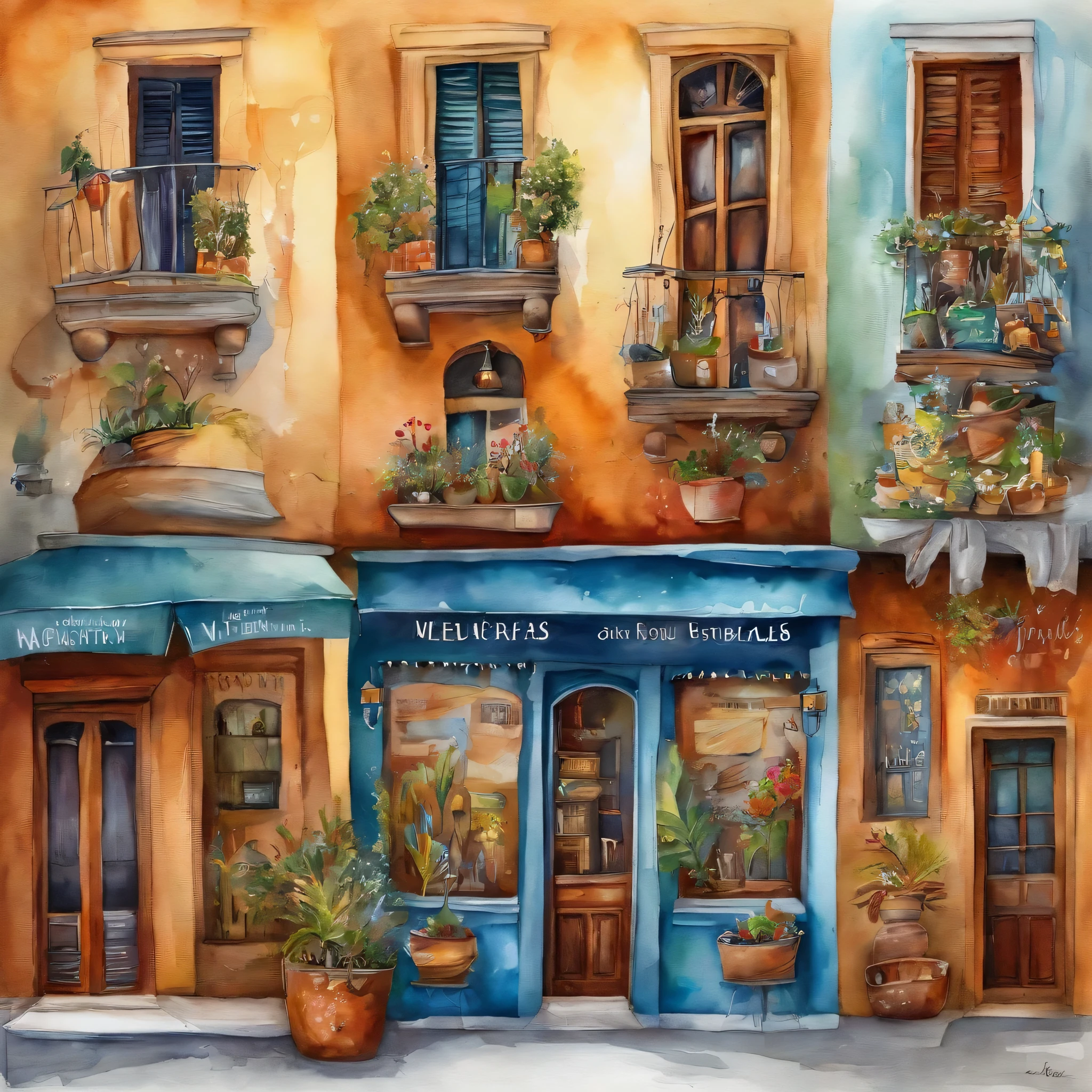 Una encantadora calle empedrada，Full of quirky shops and cafes, The facade of each building is painted with whimsical and vibrant murals.，Escenas que representan el folclore y la cultura local, Joy and artistic energy radiate from every corner, mixed media collage, Photography combined with digital painting