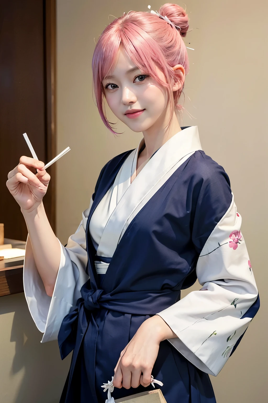(8K, highest quality, masterpiece:1,2), (realistic, Photoreal:1.37), Super detailed, one girl,), (very detailed), (beautiful detailed eyes), (highest qualityの), (Super detailed ), (masterpiece), (detailed face),20-year-old, ,1 girl, ((pink hair,very short hair)), medium breasts, dressed, perfect lighting, break (navy blue haori:1.3), (white collar:1.2), (three quarter sleeves:1.2), (white kimono:1.4), (nature motif pattern:1.2), (navy blue hakama:1.3), (Ankle length:1.2), (The hem is not too wide:1.2), (white obi:1.4), (simple knot:1.2), (white foot bag:1.2), (Black geta:1.2), (low height:1.2), (Easy to walk:1.2), (bun hair:1.2), (hair ornaments:1.2), (Flowers and strips of paper:1.2), break bun hair, Flowers and strips of paper hair ornaments, smile, friendly, looking at camera, hold soba with right hand, Holding chopsticks with left hand, Do not put sauce on soba, In front of the soba shop counter, Wall with menu and photos, Natural light, soft shadow on the face