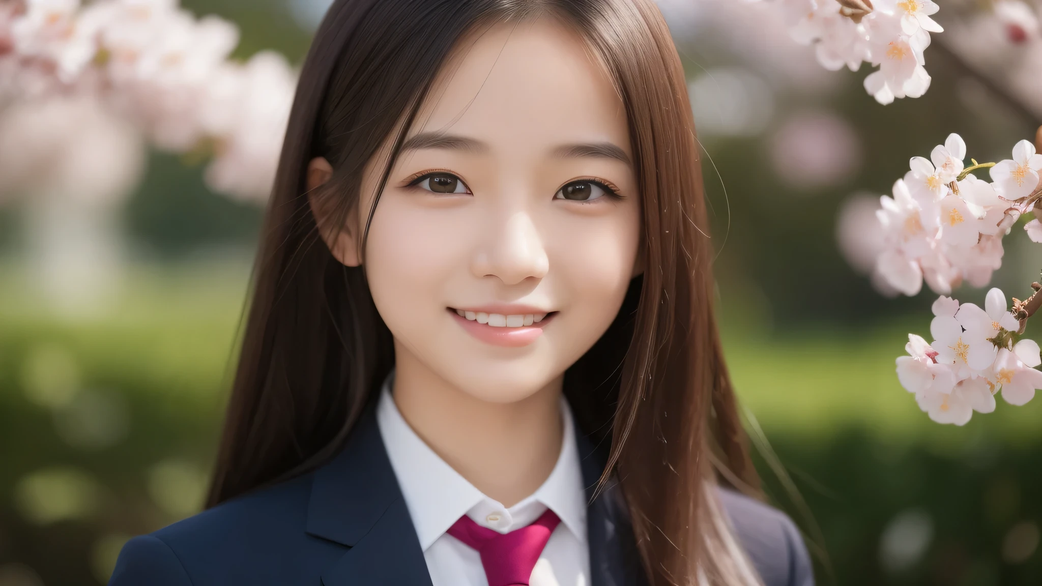 (1girl), 15yo, enchanting smile, (highly detailed eyes, highly detailed face), Fresh, very clean appearance, (hyper-realistic, hight resolution), (best Quality:1.4), Professional Photography, (high school uniform:1.2), cherry blossoms, focus on the face,