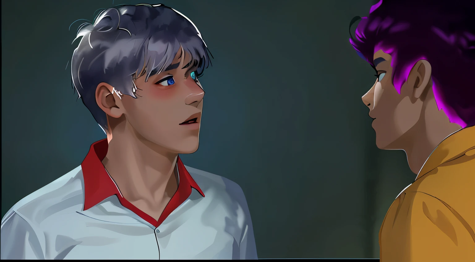 there are two cute 16 year old boys, uno de cabello gris y el otro de cabello morado estan discutiendo esta discgustados