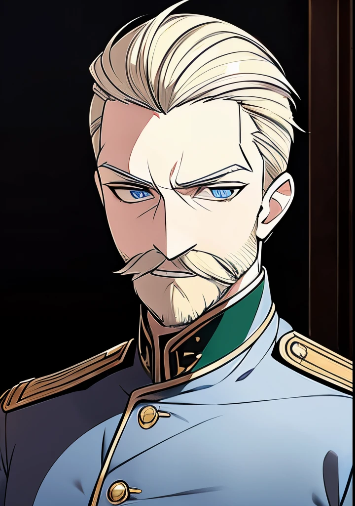 Young Adult male, white and tender skin, pale blonde slicked back combed short hair, kaisermustache, ducktail beard, steel blue eyes, green and slightly mature, serious and emotionless facial expression,wearing world war 2 era german fatigues, portrait style, facing forwards