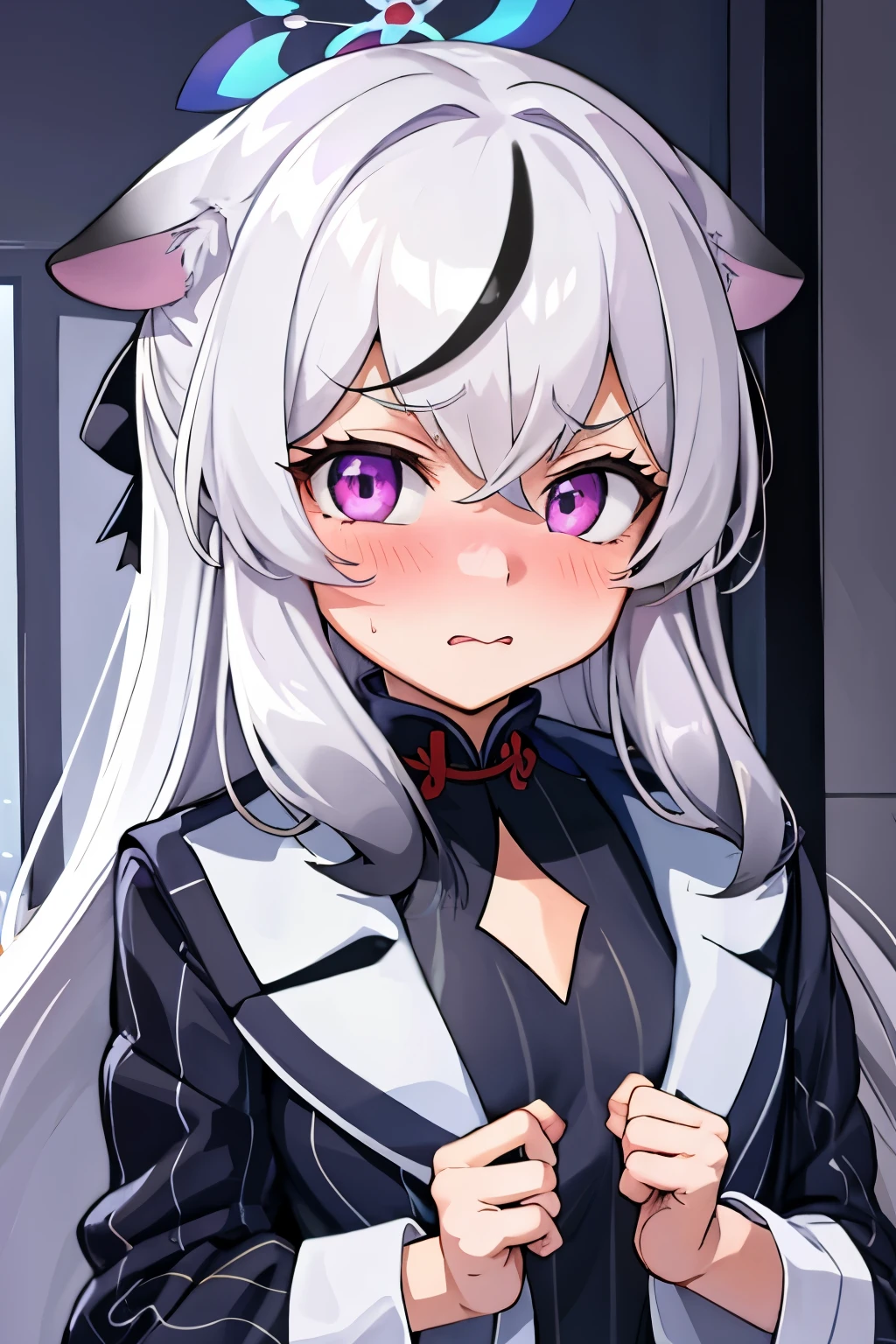 1girl, kokona, indoors, purple eyes, white hair, :3 mouth, embarrassed, beautiful eyes, beautiful lips, shiny lips, extremely detailed eyes and face, long eyelashes, close-up, warm lighting, vibrant colors, looking at the viewer, embarrassed look, blush, Winter suit, winter wonder