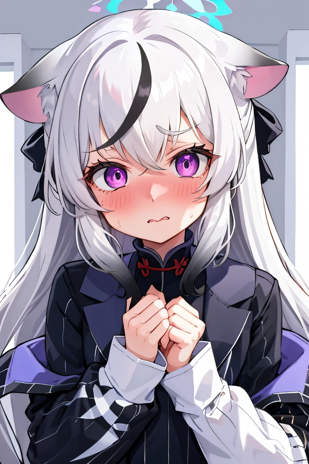 1girl, kokona, indoors, purple eyes, white hair, :3 mouth, embarrassed, beautiful eyes, beautiful lips, shiny lips, extremely detailed eyes and face, long eyelashes, close-up, warm lighting, vibrant colors, looking at the viewer, embarrassed look, blush, Winter suit, winter wonder