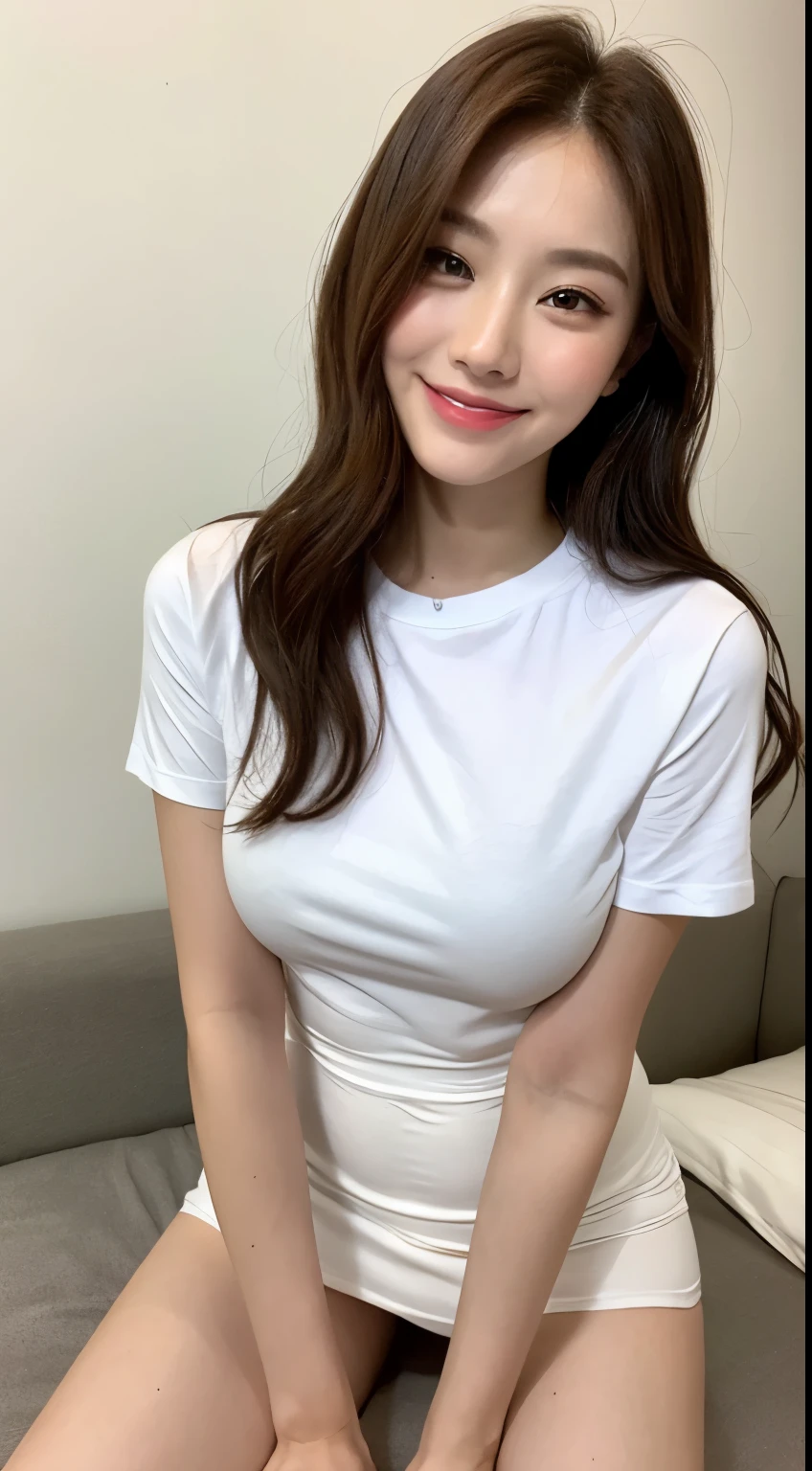 white tight shirt、white tight mini skirt、bed、smile、short sleeve、high resolution、Korean idol face