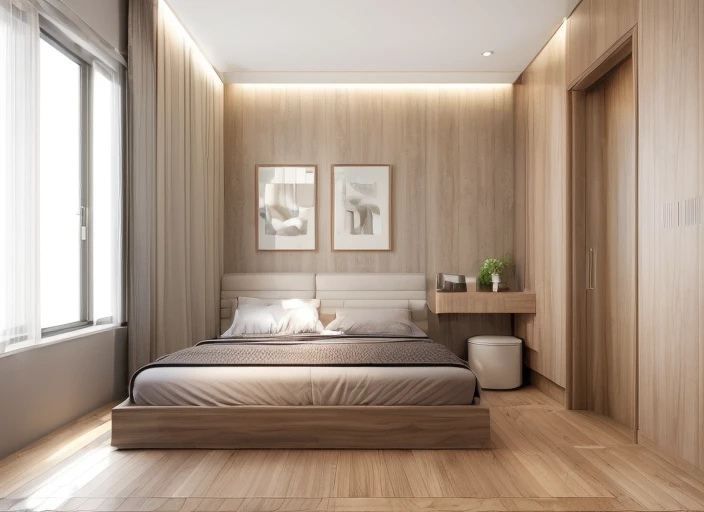 modern interior, raw photo bedroom with a bed, wood floor, desk, curtain, glass window, soft light, day light,masterpiece, best quality, supper detailed ,8k, ultra realistic.