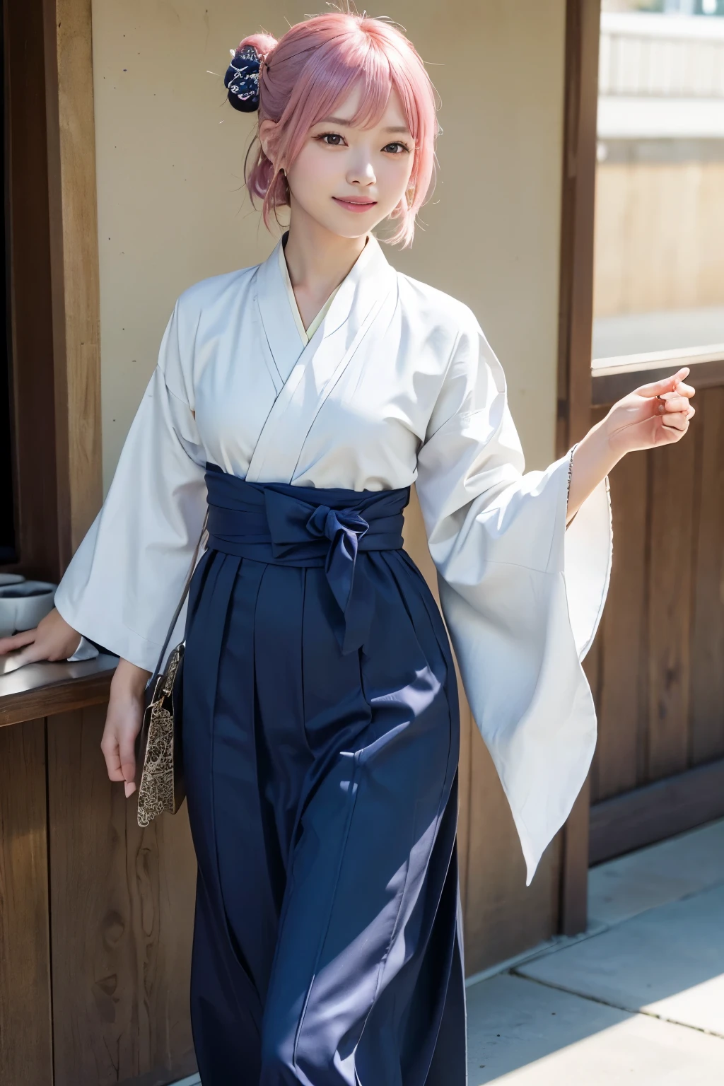 (8K, highest quality, masterpiece:1,2), (realistic, Photoreal:1.37), Super detailed, one girl,), (very detailed), (beautiful detailed eyes), (highest qualityの), (Super detailed ), (masterpiece), (detailed face),20-year-old, ,1 girl, ((pink hair,very short hair)), medium breasts, dressed, perfect lighting, break (navy blue haori:1.3), (white collar:1.2), (three quarter sleeves:1.2), (white kimono:1.4), (nature motif pattern:1.2), (navy blue hakama:1.3), (Ankle length:1.2), (The hem is not too wide:1.2), (white obi:1.4), (simple knot:1.2), (white foot bag:1.2), (Black geta:1.2), (low height:1.2), (Easy to walk:1.2), (bun hair:1.2), (hair ornaments:1.2), (Flowers and strips of paper:1.2), break bun hair, Flowers and strips of paper hair ornaments, smile, friendly, looking at camera, hold soba with right hand, Holding chopsticks with left hand, Do not put sauce on soba, In front of the soba shop counter, Wall with menu and photos, Natural light, soft shadow on the face