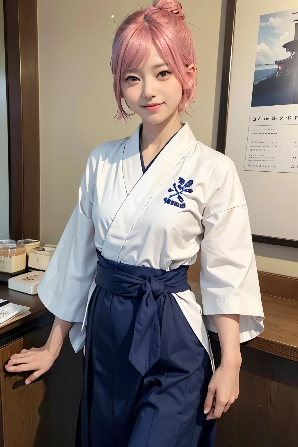 (8K, highest quality, masterpiece:1,2), (realistic, Photoreal:1.37), Super detailed, one girl,), (very detailed), (beautiful detailed eyes), (highest qualityの), (Super detailed ), (masterpiece), (detailed face),20-year-old, ,1 girl, ((pink hair,very short hair)), medium breasts, dressed, perfect lighting, break (navy blue haori:1.3), (white collar:1.2), (three quarter sleeves:1.2), (white kimono:1.4), (nature motif pattern:1.2), (navy blue hakama:1.3), (Ankle length:1.2), (The hem is not too wide:1.2), (white obi:1.4), (simple knot:1.2), (white foot bag:1.2), (Black geta:1.2), (low height:1.2), (Easy to walk:1.2), (bun hair:1.2), (hair ornaments:1.2), (Flowers and strips of paper:1.2), break bun hair, Flowers and strips of paper hair ornaments, smile, friendly, looking at camera, hold soba with right hand, Holding chopsticks with left hand, Do not put sauce on soba, In front of the soba shop counter, Wall with menu and photos, Natural light, soft shadow on the face