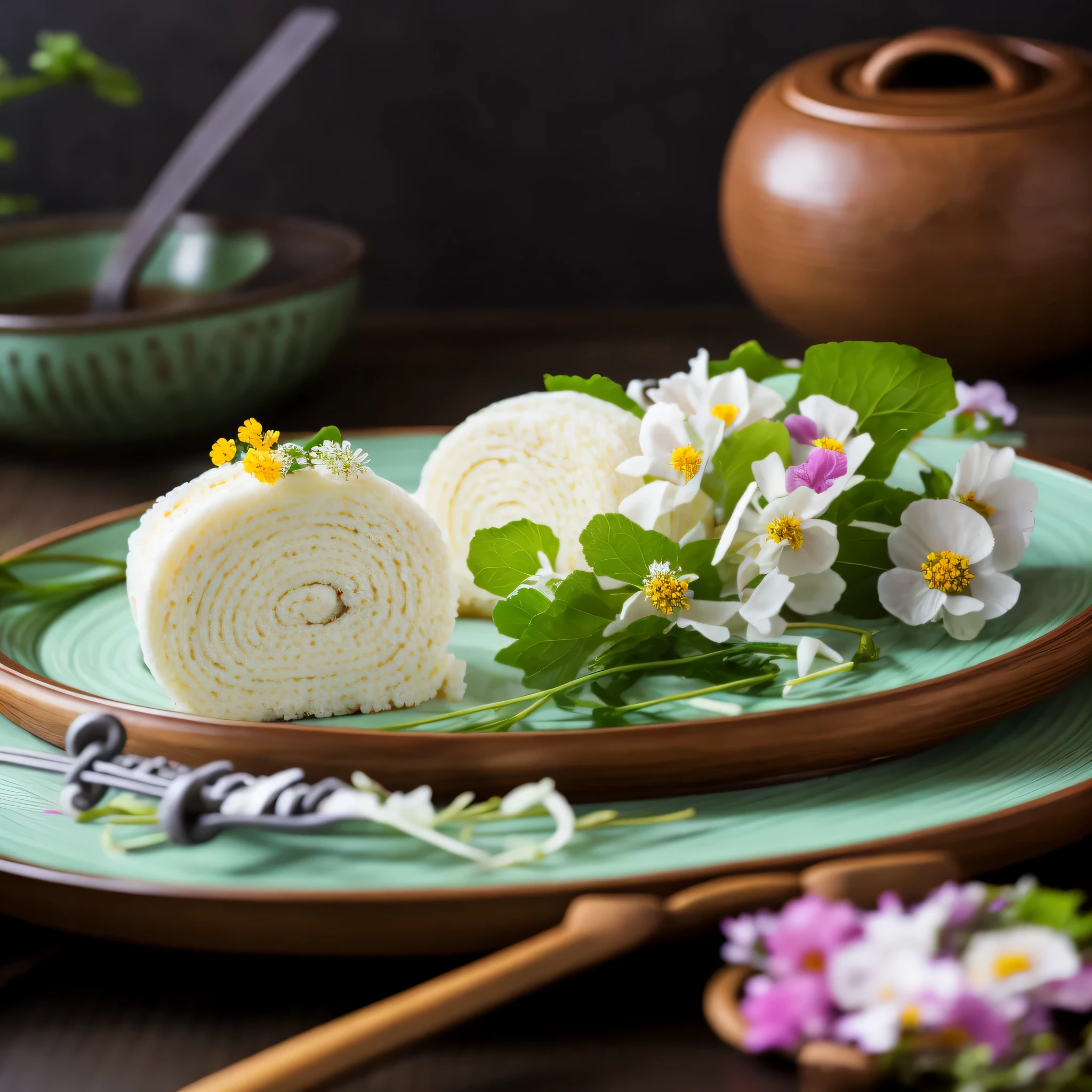 A roll cake on a plate，The cake is very soft，It is decorated with flowers, Inspired by Ma Yuanyu, Inspired by Gu An, 4k polymer clay food photography, Inspired by Maki Shiro, Super realistic food pictures, Made of glazed, tasty, Inspired by Cui Bai, Inspired by Lu Ji, inspired by Yanagawa Nobusada, Chinese style scene