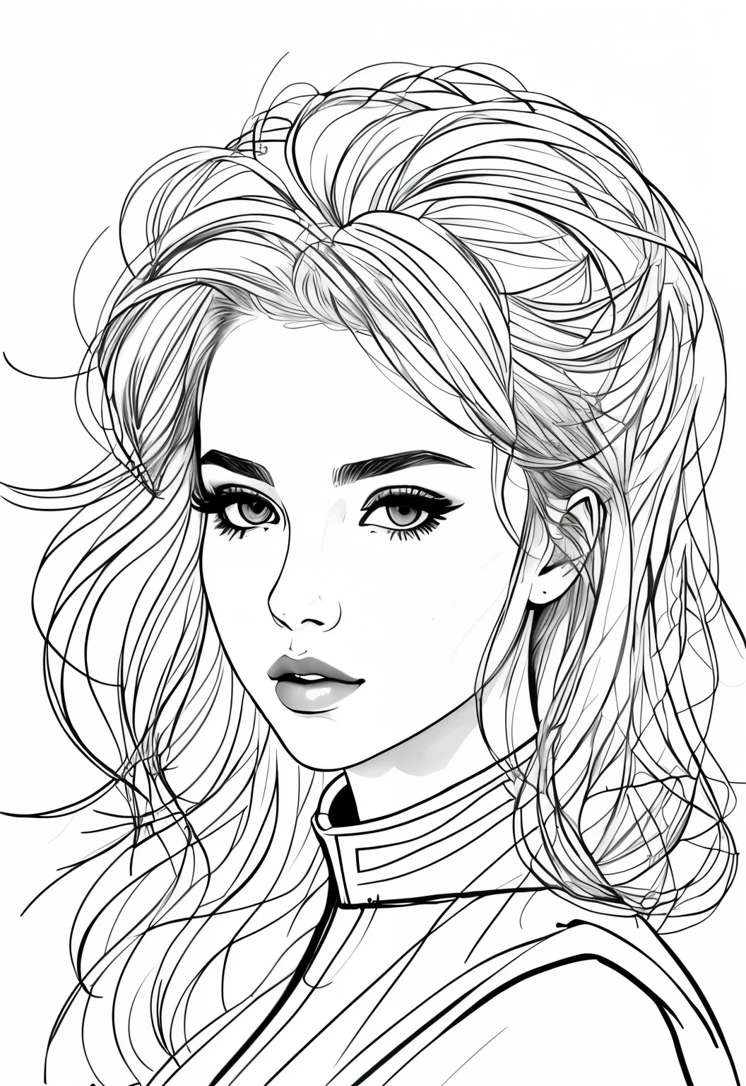 a beauty girl, white backgrounid, monochromes, Line drawing, ((sketch)), rcasual, lip, Modern fashion