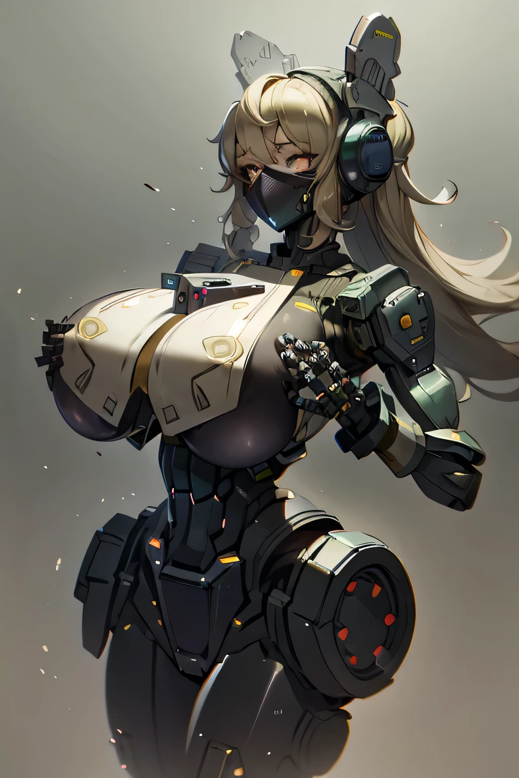 robot girl, humanoid robot, robot joints, full face mask, huge tits