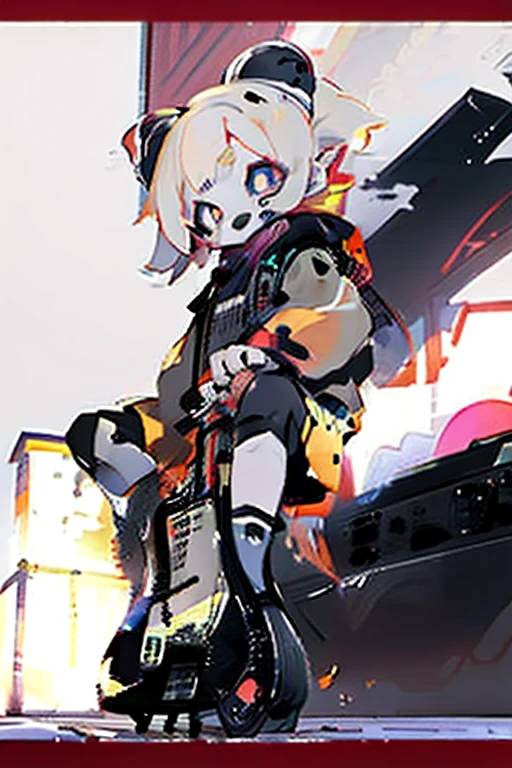 (((masterpiece))),best quality,solo,1 girl,small kid,smile,outdoor,blond hair,shot hair,hairbow,eye color is cosmic,big eyes,at noisy city,(playing the guiter:2.0),jumping high,from front,((pale skin,extremy white skin,glossy body)),punk rock costume,outside,night