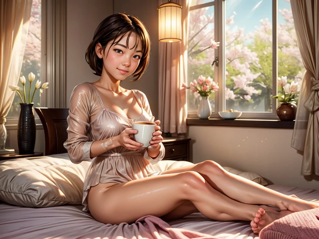 (best quality,highres,ultra-detailed),a girl drinking coffee on the bed in the morning sunlight coming in from the window,illustration,soft pastel colors,beautiful detailed eyes,beautiful detailed lips,flowing long hair,sunlight casting a warm glow,peaceful and serene atmosphere,comfortable and cozy bedroom,floral patterned sheets and blankets,coffee cup with steam rising,relaxed posture,sun rays filtering through the curtains,gentle breeze,quiet and calm surroundings,colorful flowers in a vase on the bedside table,vibrant green plants in the room,sparkling sunlight reflecting on the coffee cup,enjoying a moment of tranquility and relaxation.