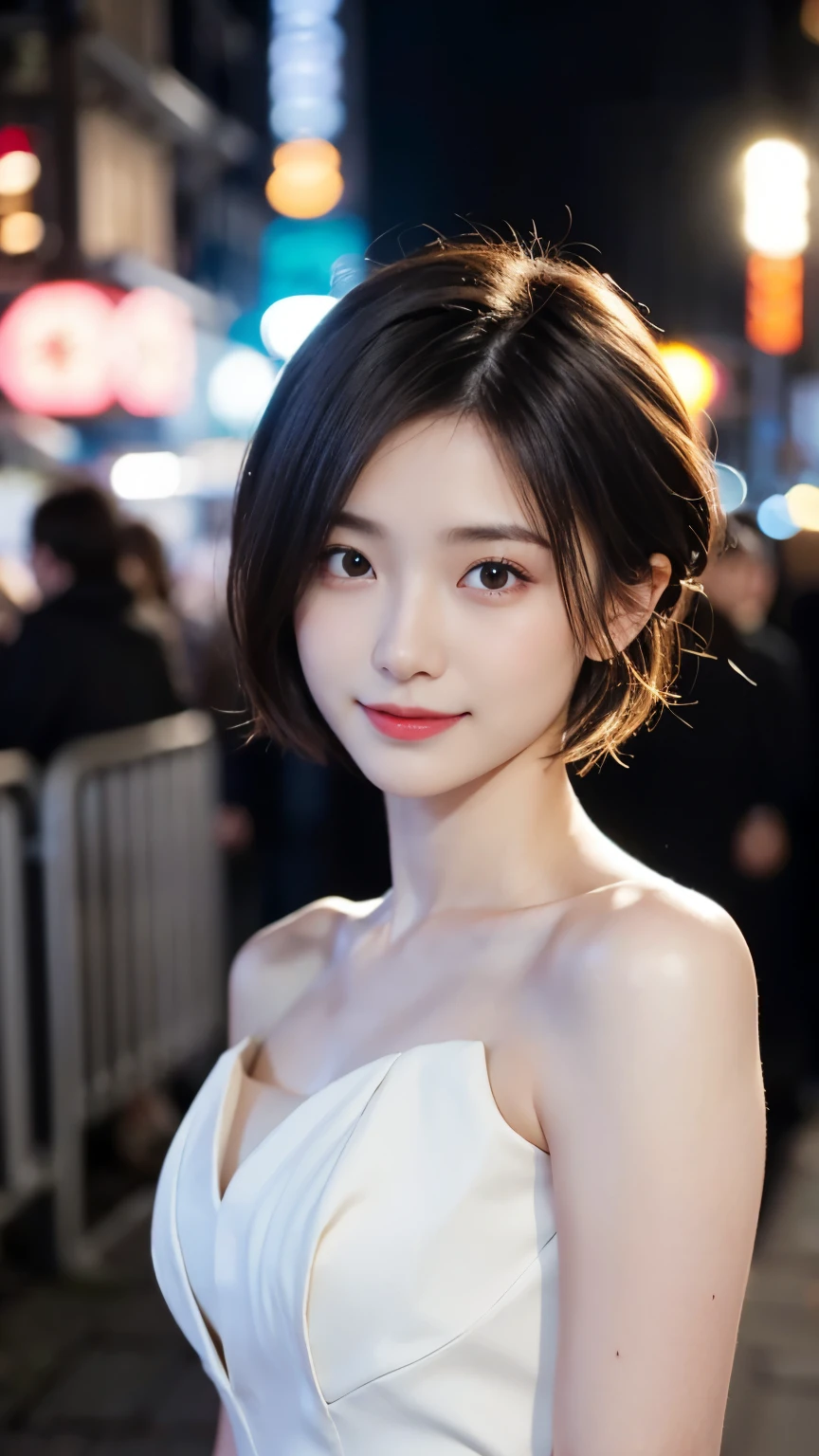 masterpiece, 8K, photoactual, optimal ratio, Detailed face, ((Audience watching)), , actual, Shapely bust, slender figure, Photo with upper body facing forward, Delicate and beautiful hair, delicate skin, RAW color art, Diffuse soft light, sharp focus, movie lighting、Smile、bride wearing、18 years old、Japanese beauty、short hair hairstyle、New York at night、、blurred background、Upper body photo、White wedding dress、short hair hairstyle、