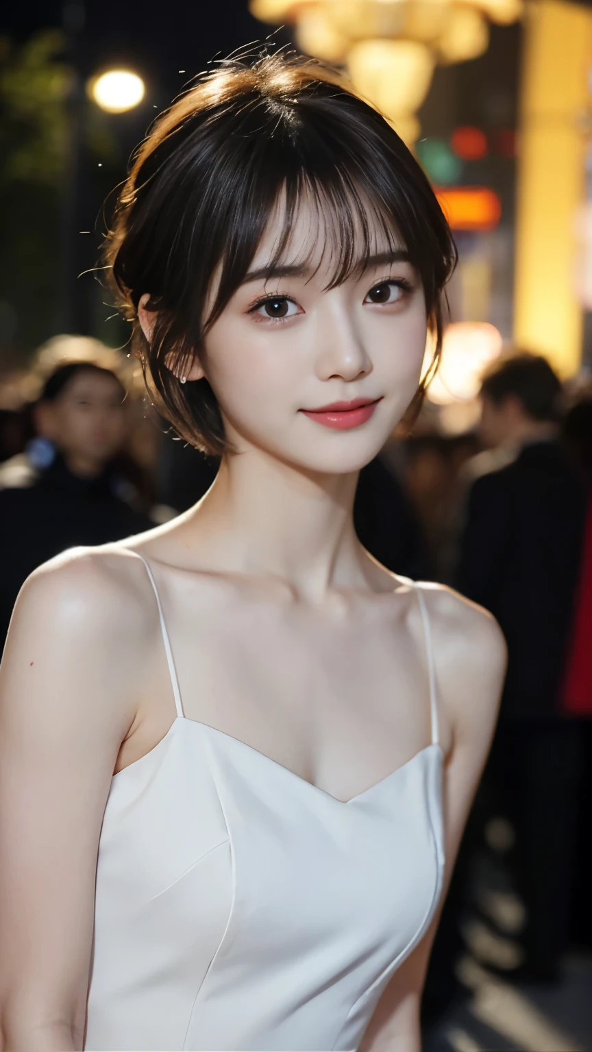 masterpiece, 8K, photoactual, optimal ratio, Detailed face, ((Audience watching)), , actual, Shapely bust, slender figure, Photo with upper body facing forward, Delicate and beautiful hair, delicate skin, RAW color art, Diffuse soft light, sharp focus, movie lighting、Smile、bride wearing、18 years old、Japanese beauty、short hair hairstyle、New York at night、、blurred background、Upper body photo、White wedding dress、short hair hairstyle、