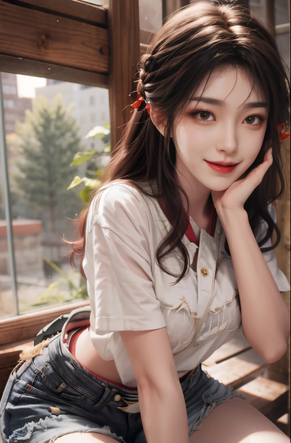 long black hair，red hair accessories，Nice hairstyle，褐色Eye，Eye，The look is natural，Smile，short sleeves white，Show your waist，Black denim shorts