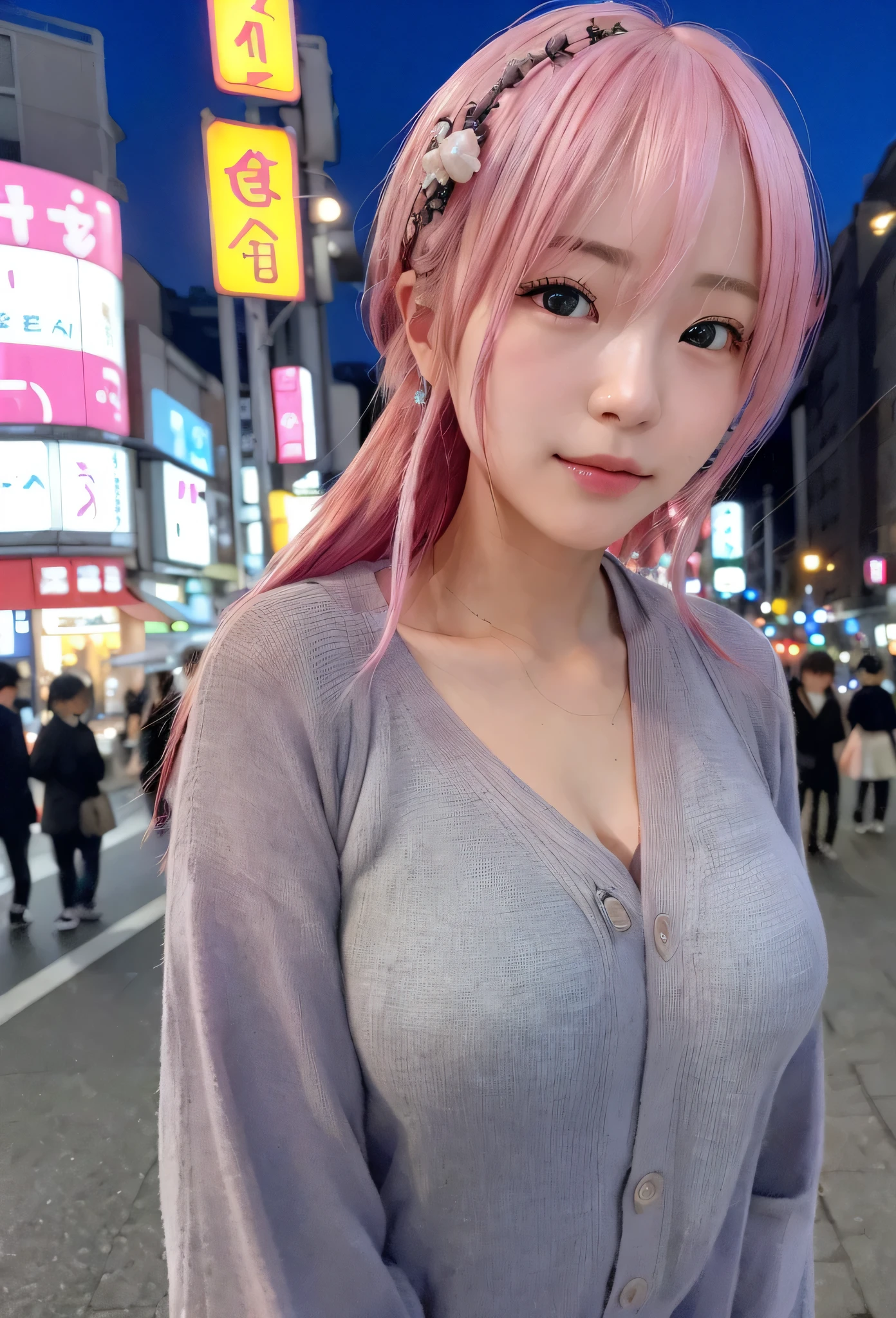 24 year old female、beautiful and perfect face。Tokyo street、night、night cityscape、Close-up、pink haired、hair ornaments、(RAW photo、highest quality、masterpiece:1.2)、(realistic、photo realistic:1.37)、