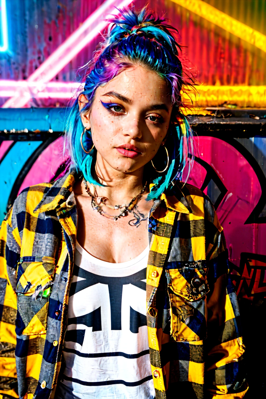 upper body portrait, raw essence of a tattoed street style icon, drenched in rebellious energy, wearing oversized flannel shirt, vibrant graffiti as backdrop, edgy fashion, sense, confident gaze, colorful hair, light beams streaming through haze