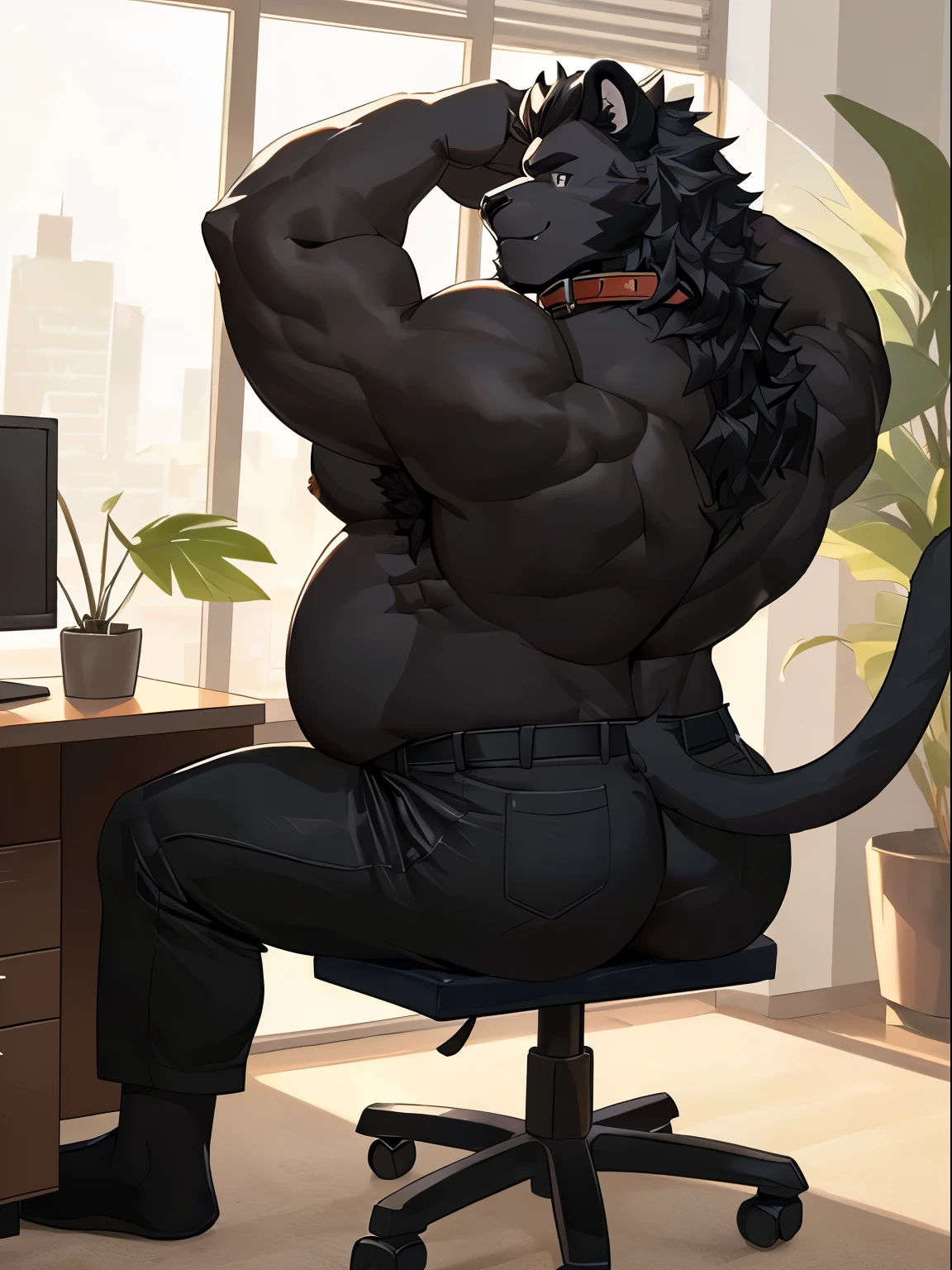 (best quality, high quality, masterpiece, 4k), fluffy, detailed background, (anthro:1.2), male, (defined ag asrom behind, (back view), (side view), wide shot, furry_male, large_pectorals, leaf, male_focus, long hair, (gorgeous long black hair behind), sunlight, muscular, muscular_male, navel, (massive fat bulging pecs), (massive pecs), nipples, thick_thighs, manly thighs, panther_ears, (all black fur), (black skin panther), looking at viewer, shirtless, black sweatpants, muscular, ball_tuft, sweatdrop, smug, smug face, armpit hair, (raburigaron:2, inkplasm, nopetrol), sitting, inside, office, desk, collar, chubby, plump, ((fat ass)), pudgy, massive pecs, hugr fat ass