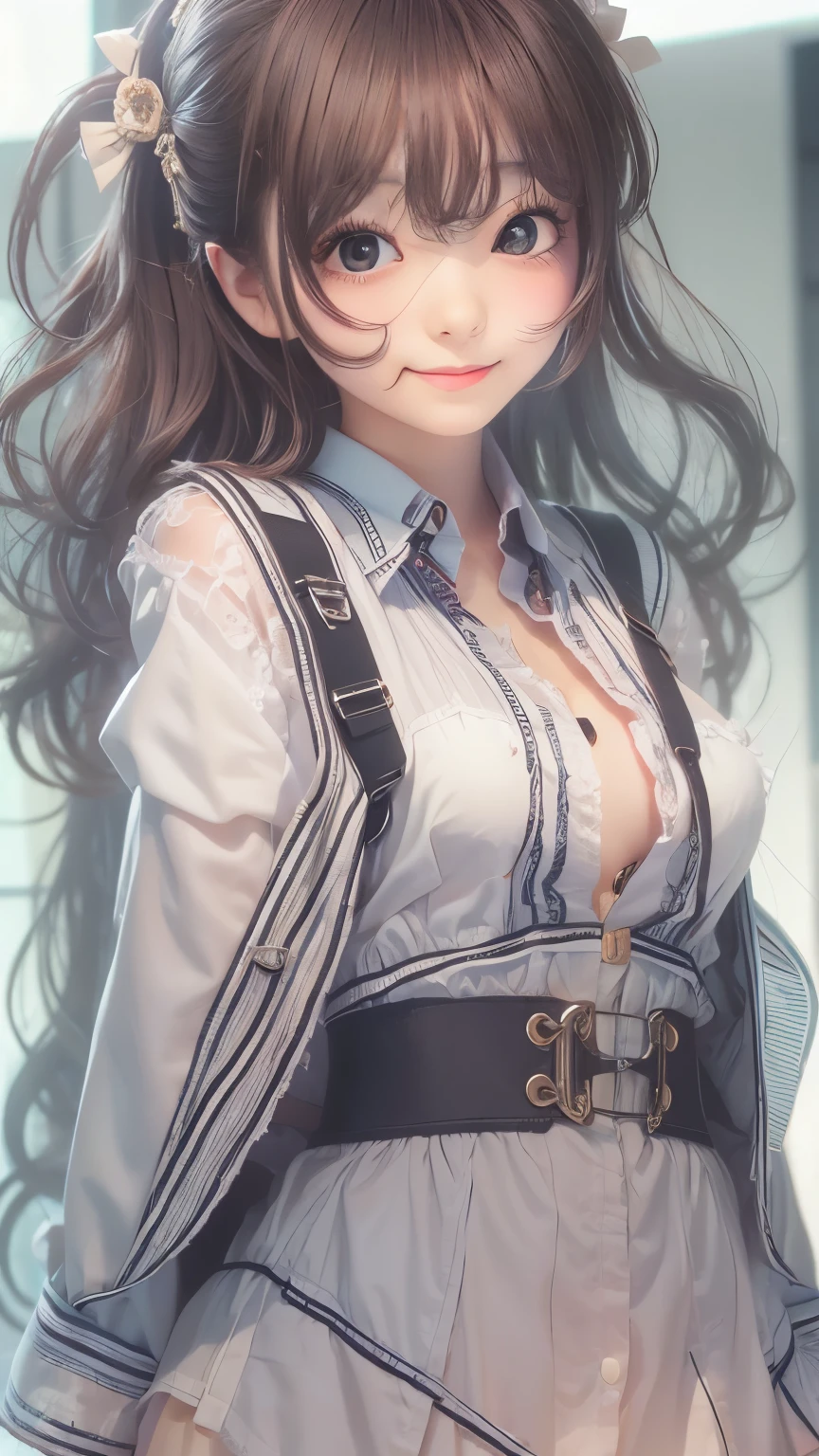 idol uniform , mic , stage , master piece , best quality , detailed , bangs , woman ,flat chest, smile