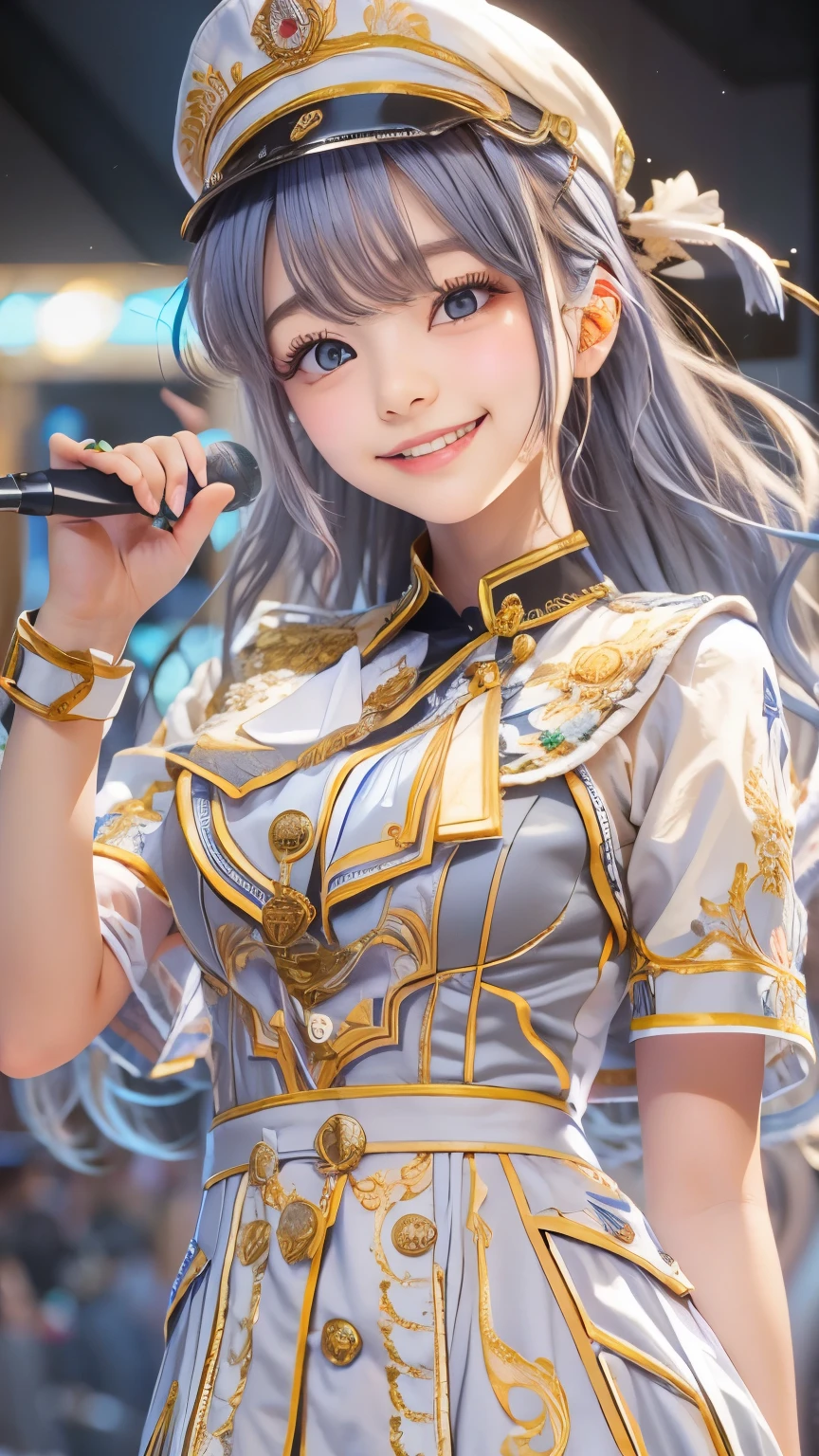 idol uniform , mic , stage , master piece , best quality , detailed , bangs , woman ,flat chest, smile

