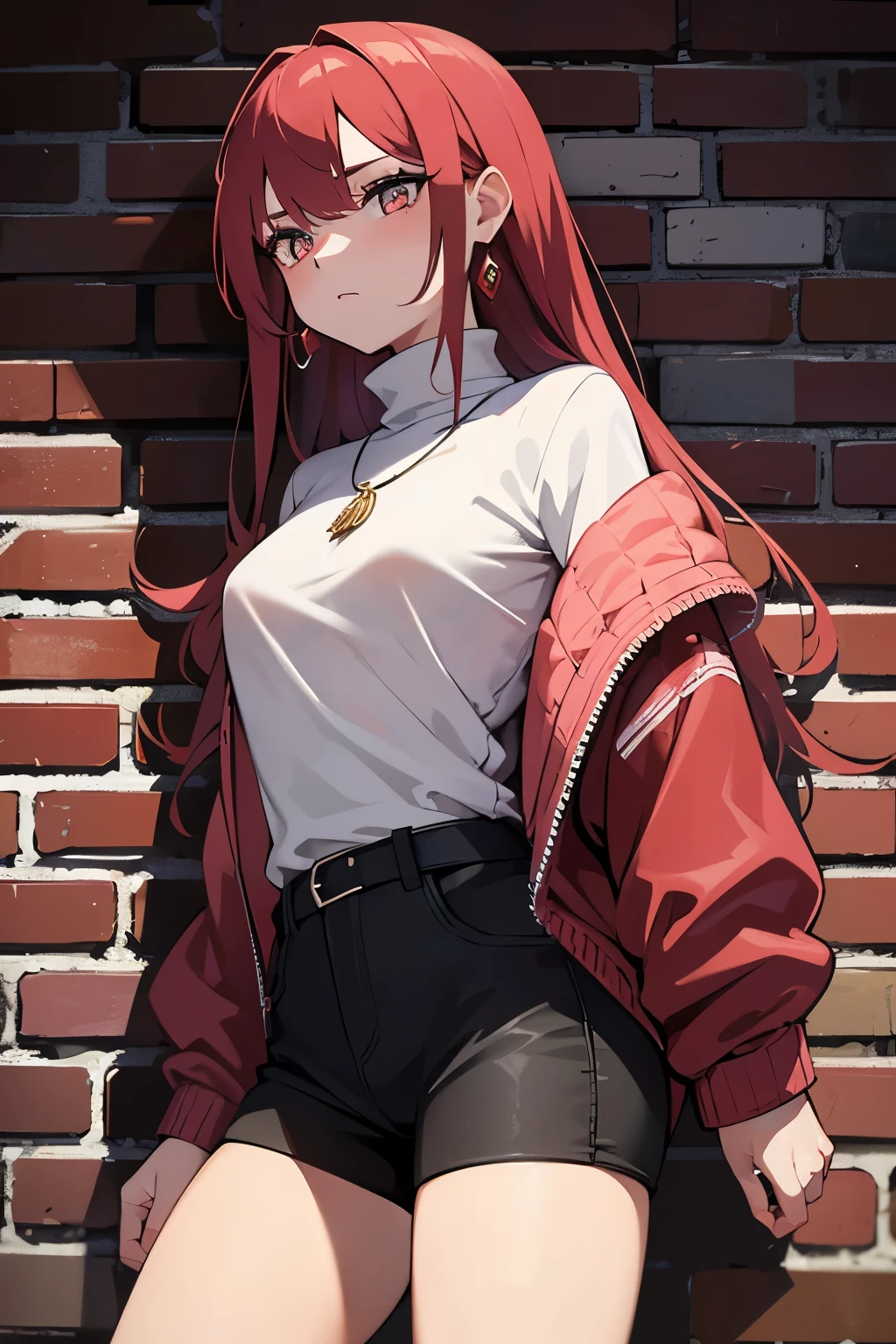 (masterpiece, best quality, 1 girl, alone, intricate details, Color difference), actual, ((medium breathing)),long hair, Red hair, red decoration on head, pink highlights, amber eyes, earrings, sharp vision, necklace, neon shirt, ripped shorts, unbuttoned jacket, turtleneck sweater, night, leaning against wall, brick wall, doodle, dim lights, alley, look at the audience