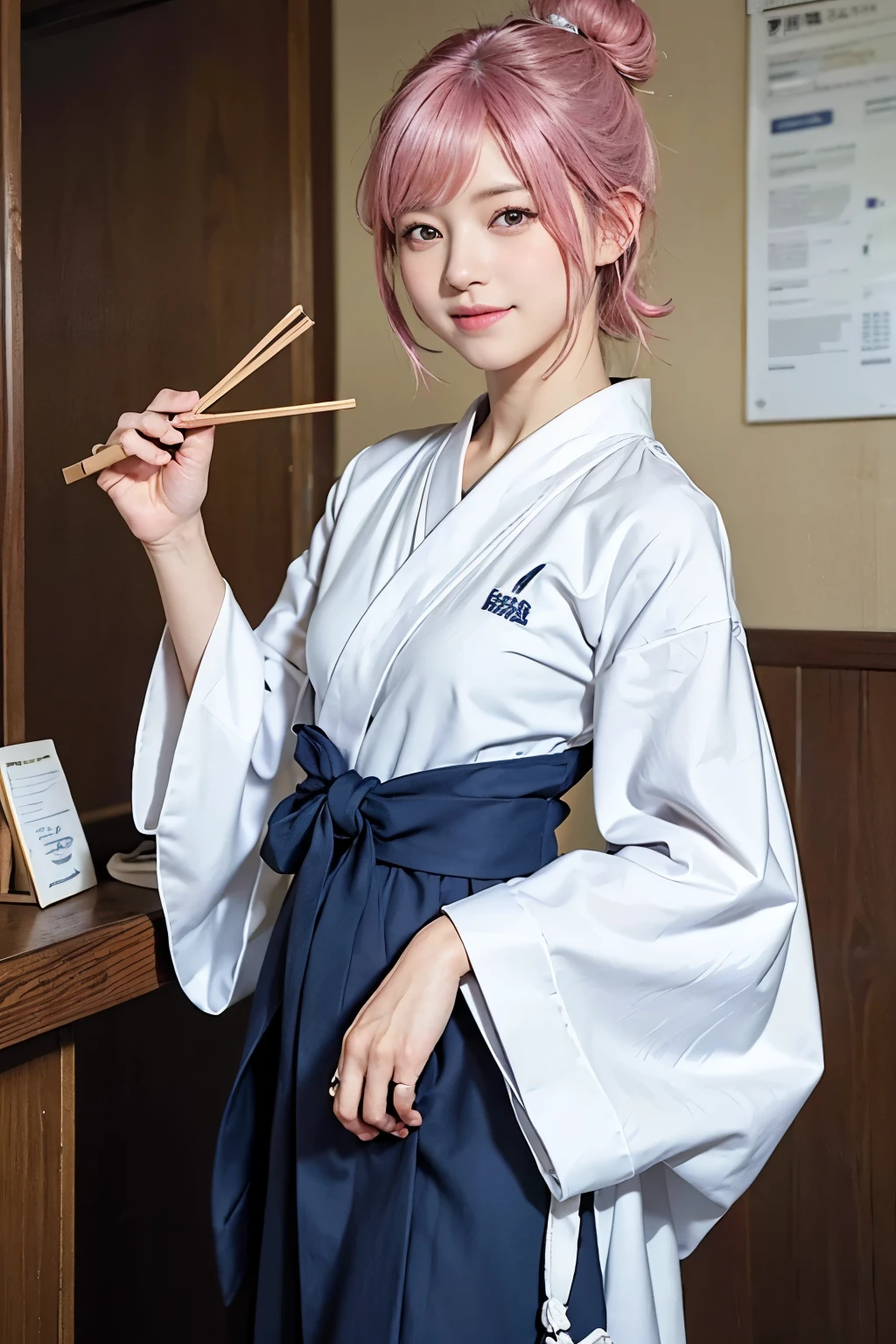 (8K, highest quality, masterpiece:1,2), (realistic, Photoreal:1.37), Super detailed, one girl,), (very detailed), (beautiful detailed eyes), (highest qualityの), (Super detailed ), (masterpiece), (detailed face),20-year-old, ,1 girl, ((pink hair,very short hair)), medium breasts, dressed, perfect lighting, break (navy blue haori:1.3), (white collar:1.2), (three quarter sleeves:1.2), (white kimono:1.4), (nature motif pattern:1.2), (navy blue hakama:1.3), (Ankle length:1.2), (The hem is not too wide:1.2), (white obi:1.4), (simple knot:1.2), (white foot bag:1.2), (Black geta:1.2), (low height:1.2), (Easy to walk:1.2), (bun hair:1.2), (hair ornaments:1.2), (Flowers and strips of paper:1.2), break bun hair, Flowers and strips of paper hair ornaments, smile, friendly, looking at camera, hold soba with right hand, Holding chopsticks with left hand, Do not put sauce on soba, In front of the soba shop counter, Wall with menu and photos, Natural light, soft shadow on the face