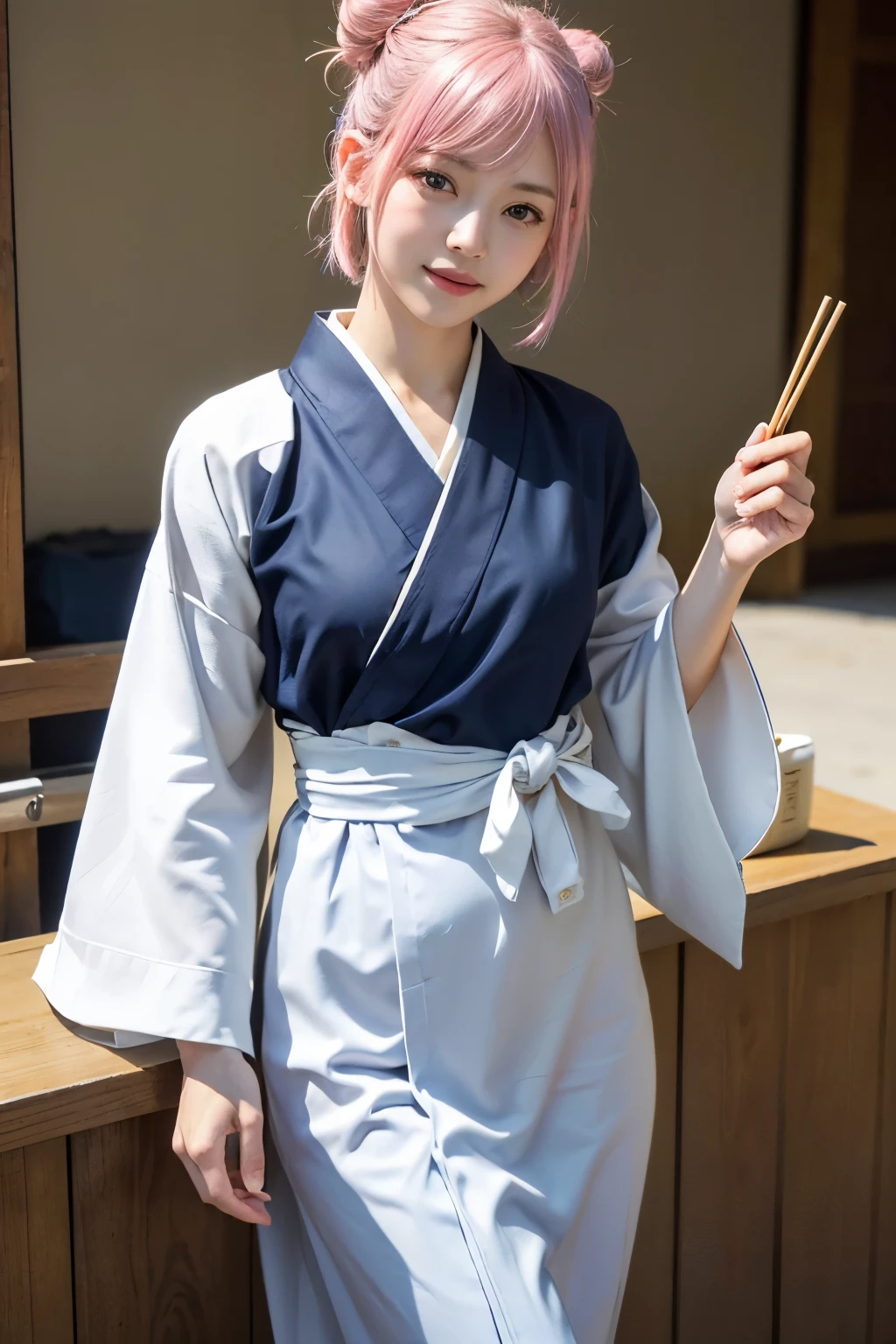 (8K, highest quality, masterpiece:1,2), (realistic, Photoreal:1.37), Super detailed, one girl,), (very detailed), (beautiful detailed eyes), (highest qualityの), (Super detailed ), (masterpiece), (detailed face),20-year-old, ,1 girl, ((pink hair,very short hair)), medium breasts, dressed, perfect lighting, break (navy blue haori:1.3), (white collar:1.2), (three quarter sleeves:1.2), (white kimono:1.4), (nature motif pattern:1.2), (navy blue hakama:1.3), (Ankle length:1.2), (The hem is not too wide:1.2), (white obi:1.4), (simple knot:1.2), (white foot bag:1.2), (Black geta:1.2), (low height:1.2), (Easy to walk:1.2), (bun hair:1.2), (hair ornaments:1.2), (Flowers and strips of paper:1.2), break bun hair, Flowers and strips of paper hair ornaments, smile, friendly, looking at camera, hold soba with right hand, Holding chopsticks with left hand, Do not put sauce on soba, In front of the soba shop counter, Wall with menu and photos, Natural light, soft shadow on the face