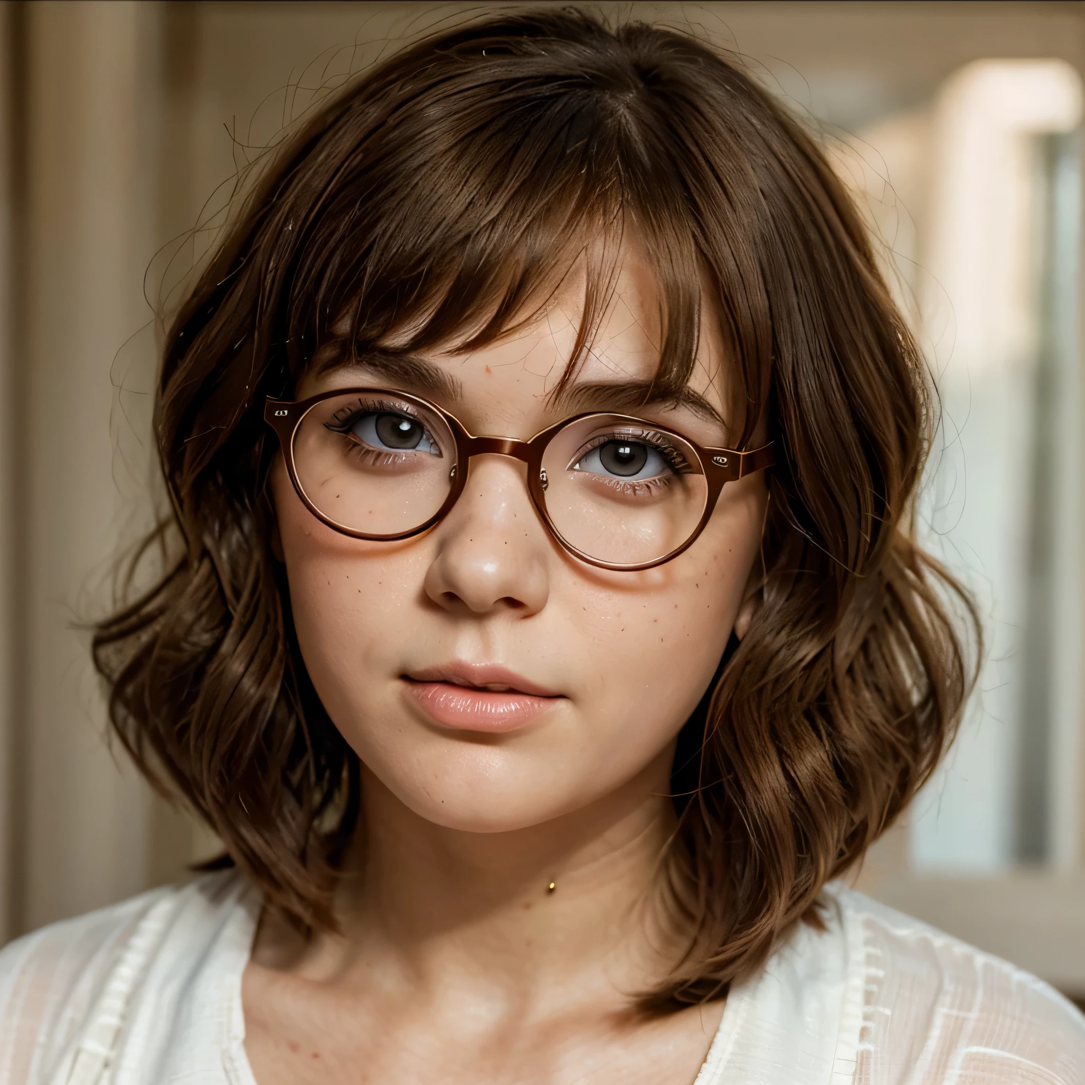 Pageboy hairstyle Velma Dinkley from Scooby Doo face up close glasses soft brown eyes chubby cheeks soft innocent looking like face lots of freckles deep visible pores in her face shiny oily glow to her greasy face