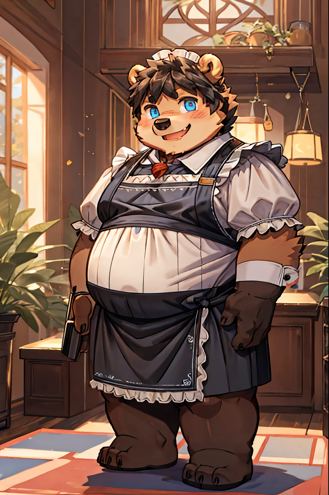 black bear orc boy，individual，bear ears，black hair，short hair，black fur，blue pupils，robust，obesity，full，Shorty，maid outfit，living room，daytime，Smile，blush