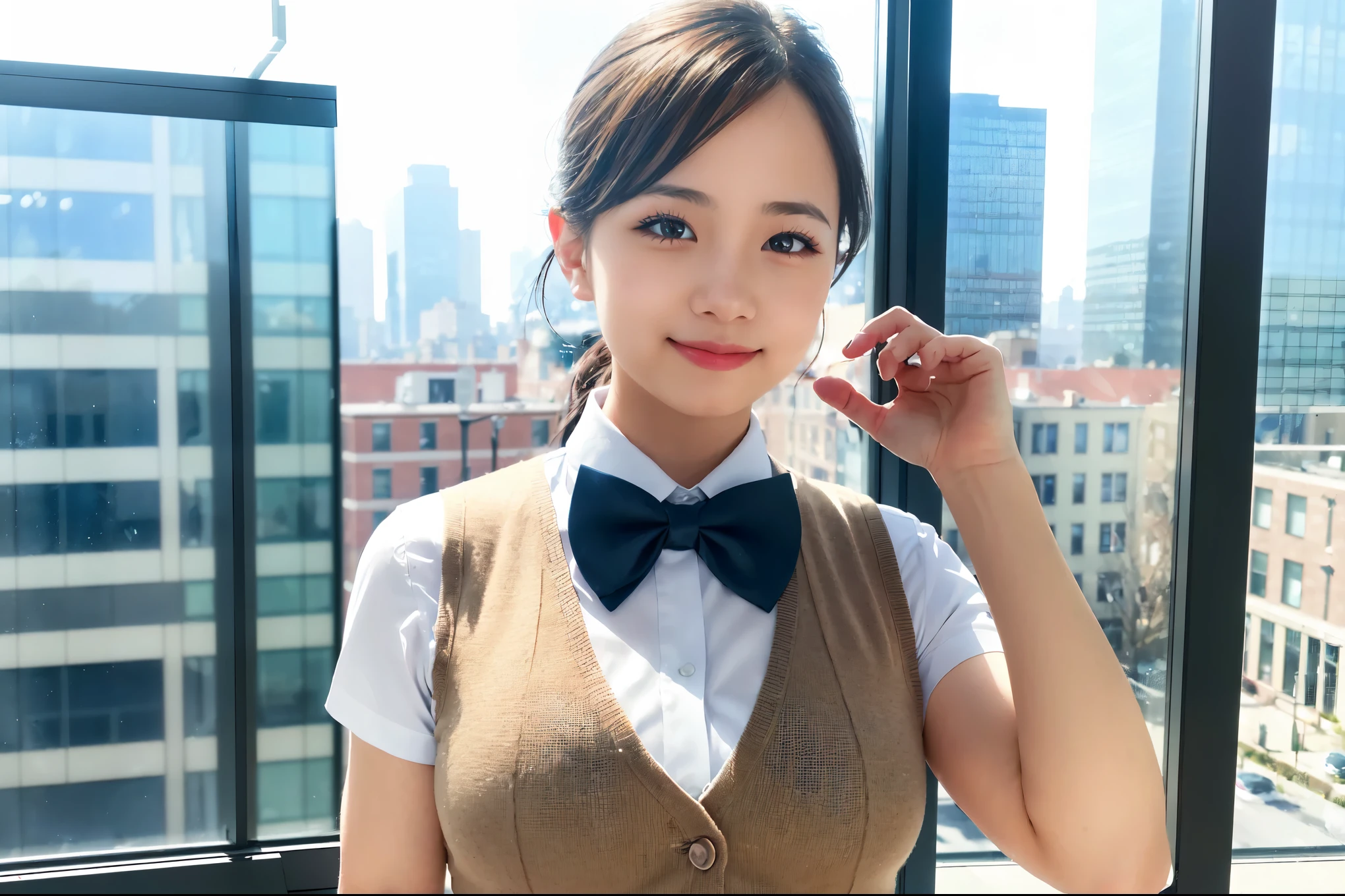 1girl, matured female, vest, bow, photo, realistic, best quality, hires, detailed face, office, buildings from window, detailed background, diffused sunlight, depth of field, bokeh
