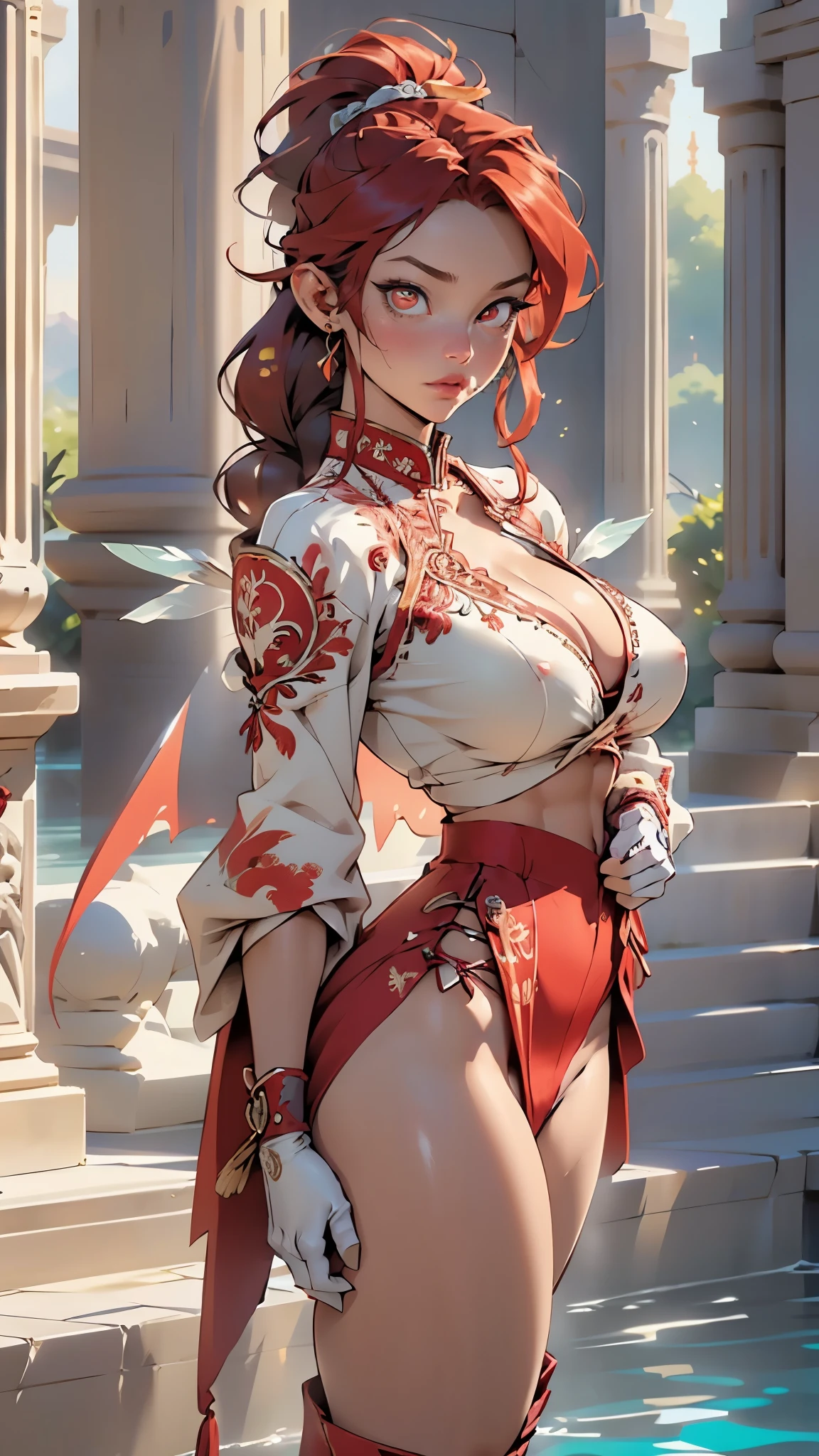 VALKYRIE,Ancient Valkyrie,((long braided red hair,red disheveled hair,red hair)),((large breasts,big boobs)),cute face, oval face,detailed face, (((red_eyes:1.3))),intricate eyes,beautiful detailed eyes,symmetrical eyes,big eyes:1.5,((fat)),(((lustrous skin:1.5,bright skin: 1.5,skin tanned,shiny skin,very shiny skin,shiny body,plastic glitter skin,exaggerated shiny skin,illuminated skin))),(spider lower abdomen,narrow waist,wide hip,athletic body,inflated legs,thick thighs,detailed body,(detailed face)),((muscle legs,muscular thighs,muscular girl,strong and muscular,muscular,feminine and muscular,huge stature,tall stature,very tall girl,(ABS:1.1))),

confident and stern,cute,slutty,seductive,erotic,(((nsfw))),

zettai ryouiki,revealing clothing,show skin,(cleavage), navel, Ombre lipstick,rune ornaments,metallic Crow,armor made of molten blue glass,symmetric molten wings,Nordic style,collarbone, r1ge, gold bikini armor,((big feather wings)), (grey feathers),red feathers,((barbarian queen, )),headband,skull hair ornament,steel bikini armor, gloves, pauldrons, shoulder armor, plated greaves, battleworn armor,fur paddings,torn red cape,(((intricate outfit,intricate clothes,embroidered outfit,ornate outfit))),

(dynamic pose:1.0),embarrassed,(centered,scale to fit dimensions,Rule of thirds),

((beautiful bath house made of greek marble and pillars, beautiful clear water in pool)),scenery:1.25,((intricate scenery)),((greek temple background)),

(Glossy greek ornaments),highres,sharp focus,(ultra detailed,extremely detailed),(photorealistic artwork:1.37),(extremely detailed CG unity 8k wallpaper),(((vibrant colors,vibrant theme))),(intricate),(masterpiece),(best quality),artistic photography,(photography taken by sldr),(intricate background),perfect rendered face,perfect face details,realistic face,photo realistic,((intricate detail)),(((realism))),

